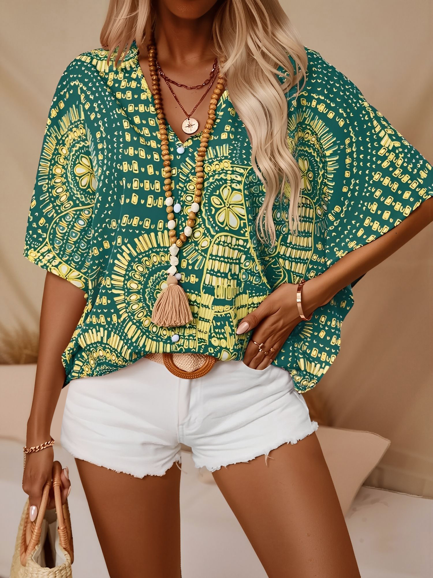 Casual V Neck Boho Printed Batwing Sleeve Resort Blouse Green/XL