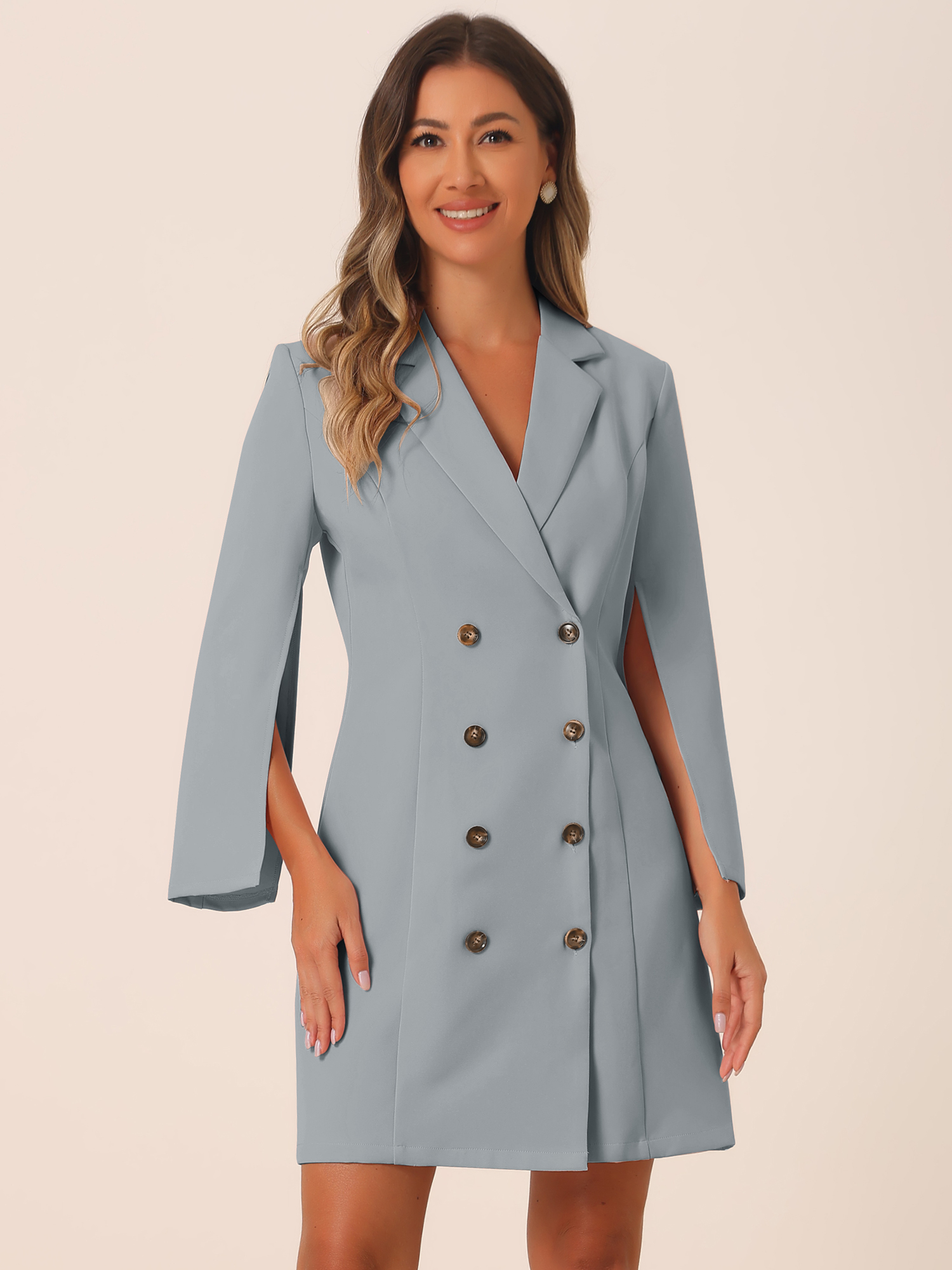 Elegant Slit Sleeve Belted Double Breasted Work Office Blazer Dress Grey/S