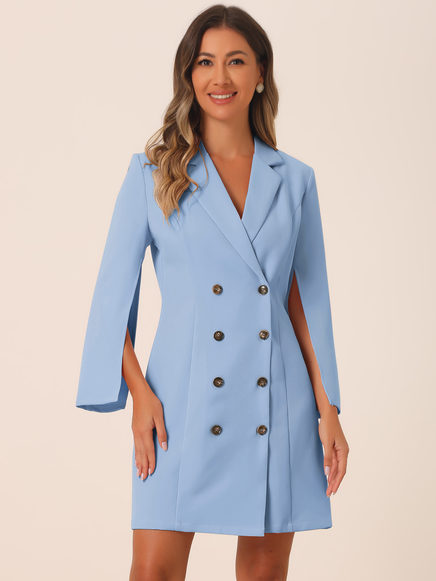 Elegant Slit Sleeve Belted Double Breasted Work Office Blazer Dress Grey Blue/S