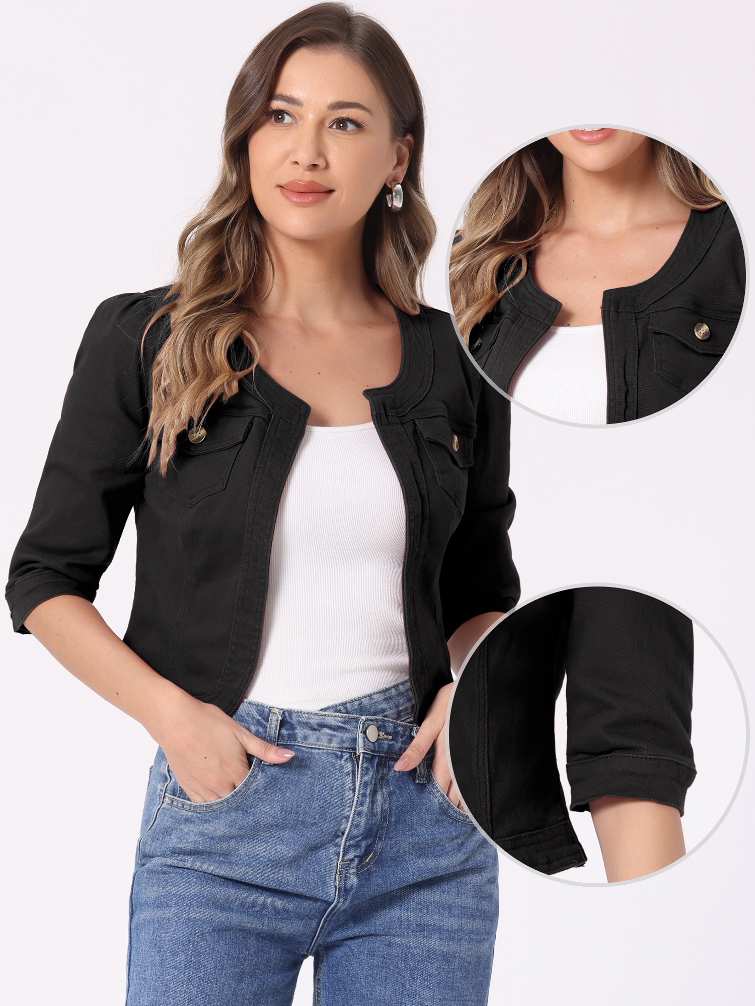 Denim Collarless Pockets 3/4 Sleeve Feminine Style Jacket All Black/XL