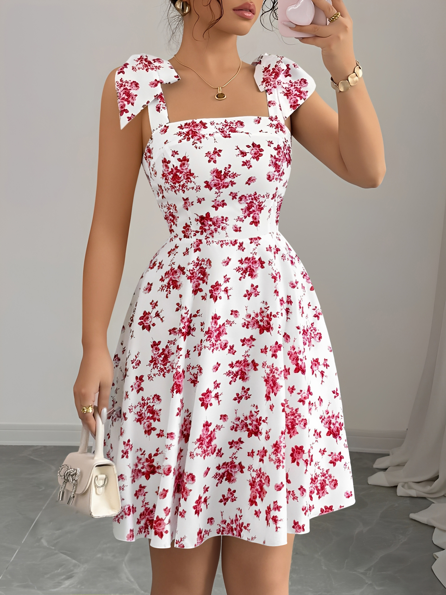 Floral Lace-Up Straps Backless Smocked A-Line Dress Red/M