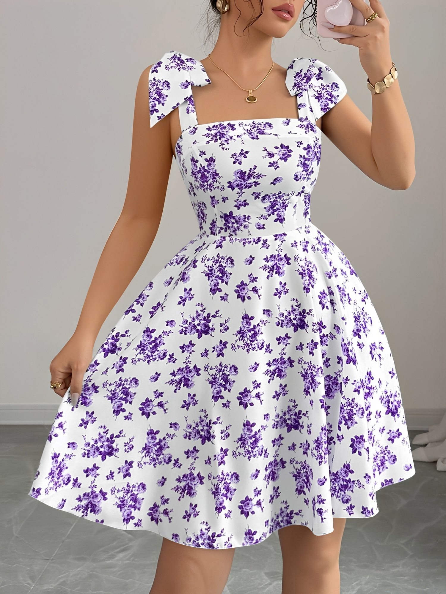 Floral Lace-Up Straps Backless Smocked A-Line Dress Purple/XS