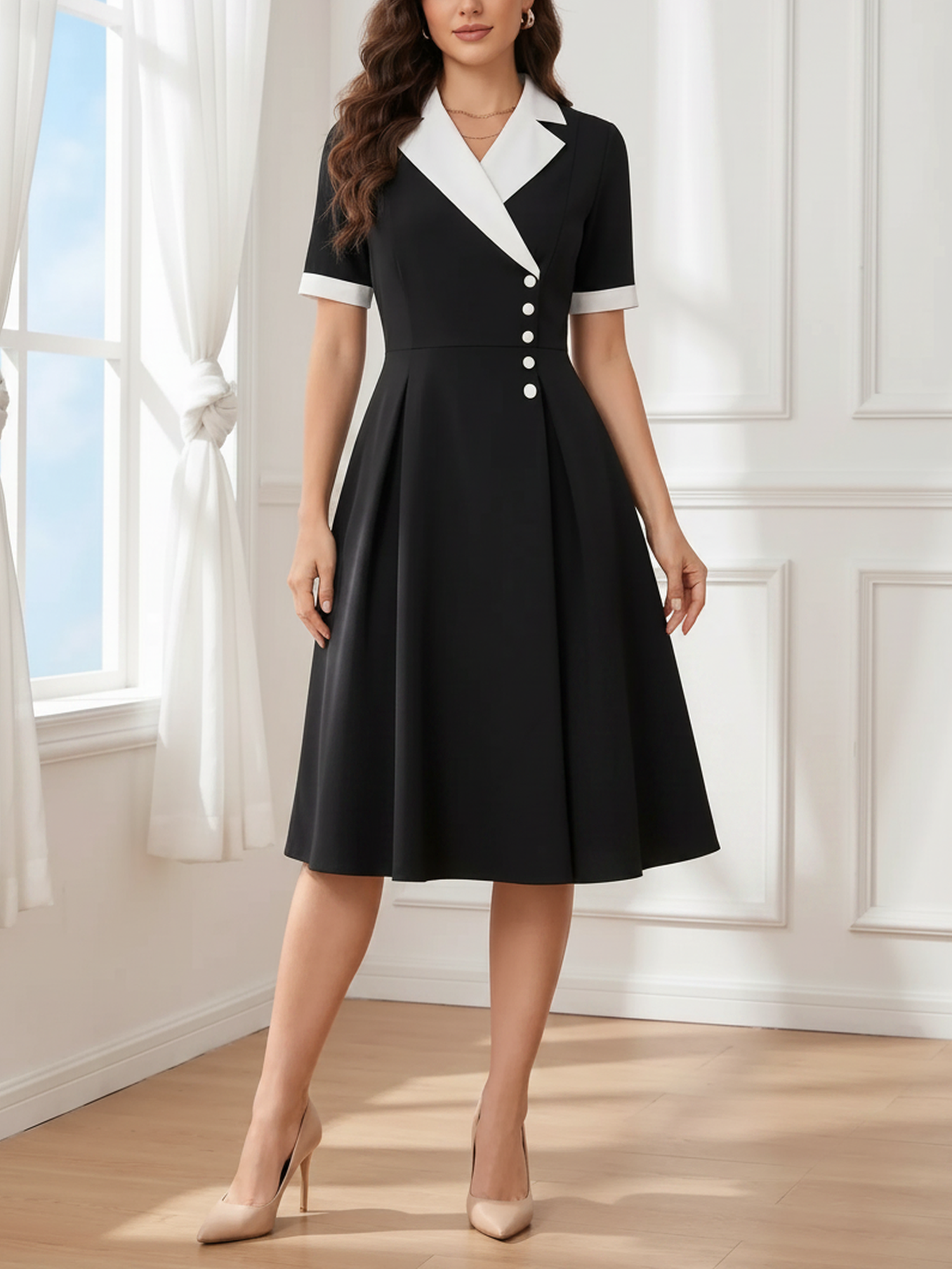 Colorblocked Notched Lapel Short Sleeves A-Line Midi Dress Black/M