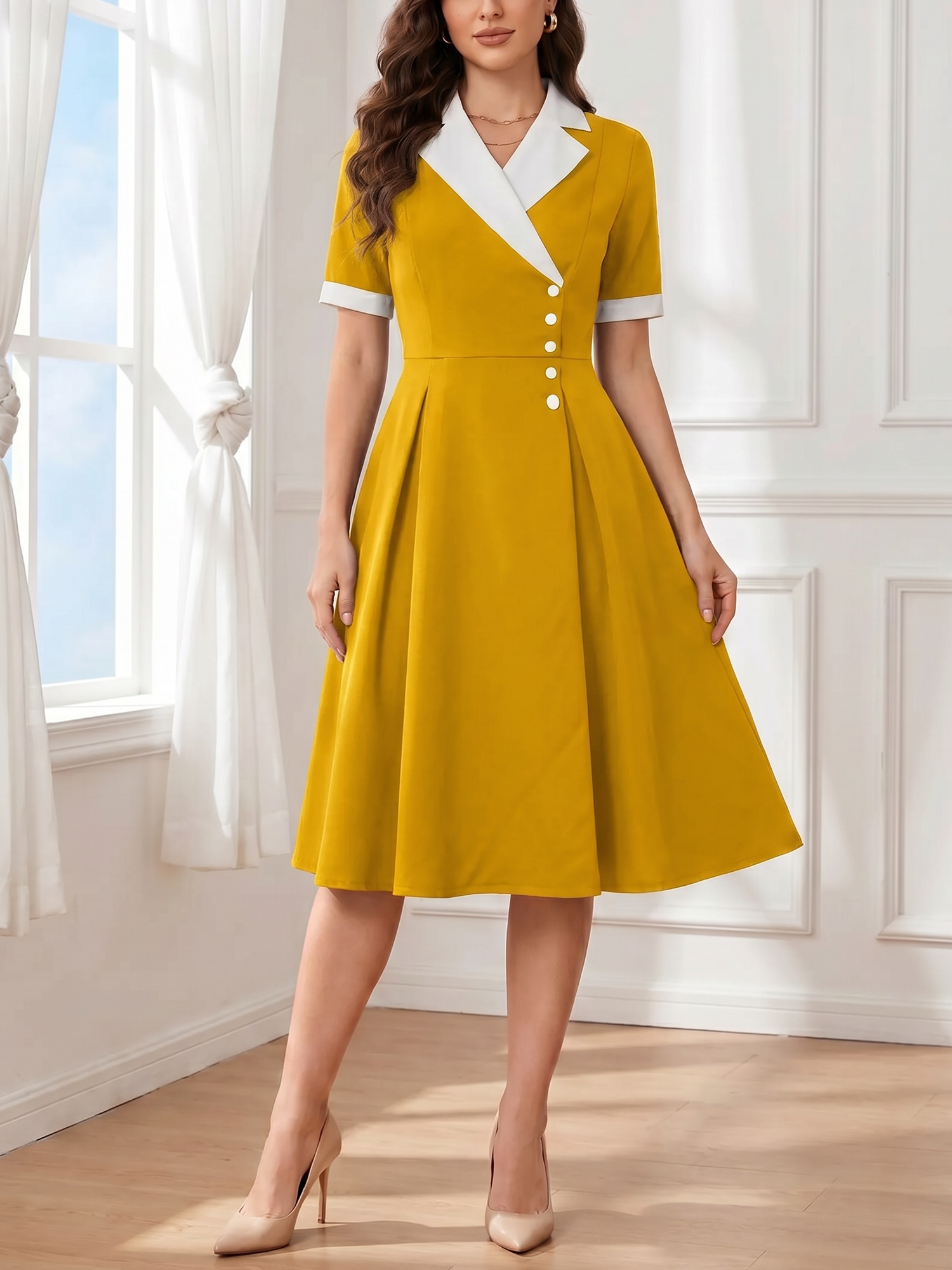 Colorblocked Notched Lapel Short Sleeves A-Line Midi Dress Yellow/L