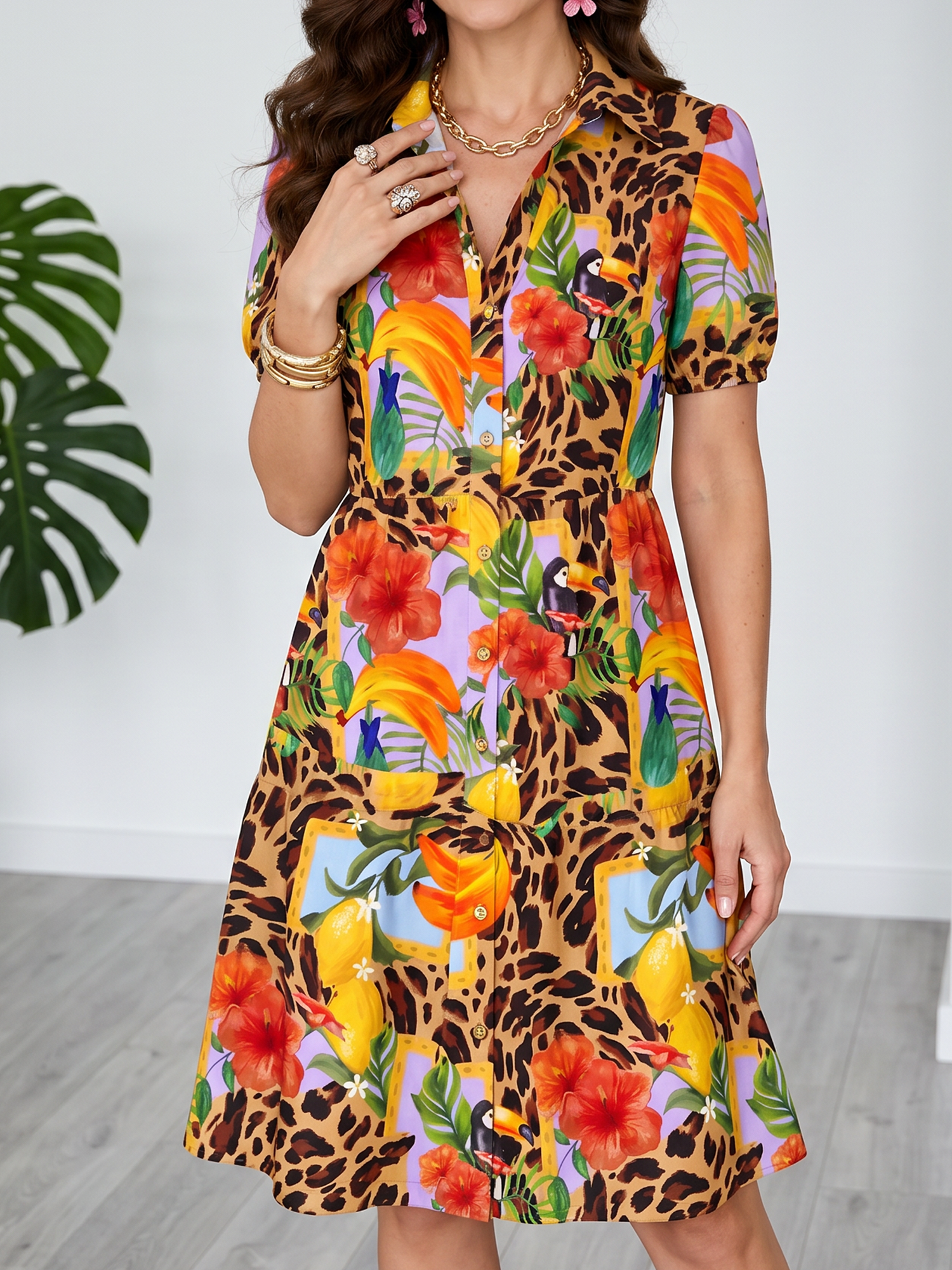 Floral Printed Short Sleeves A-Line Shirt Dress Yellow Leopard/S