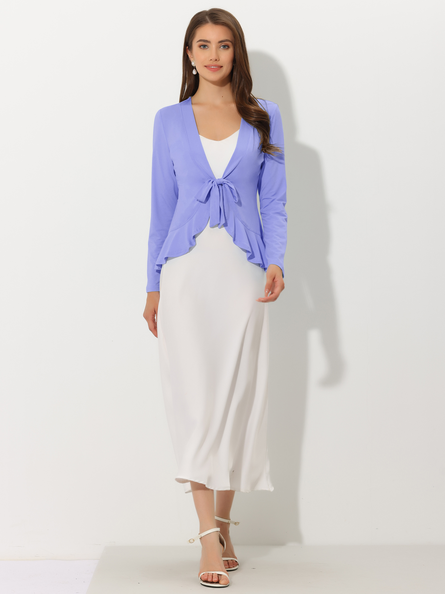 Women's Tie Front Knit Ruffled Long Sleeve Open Cardigan Grey Purple/M
