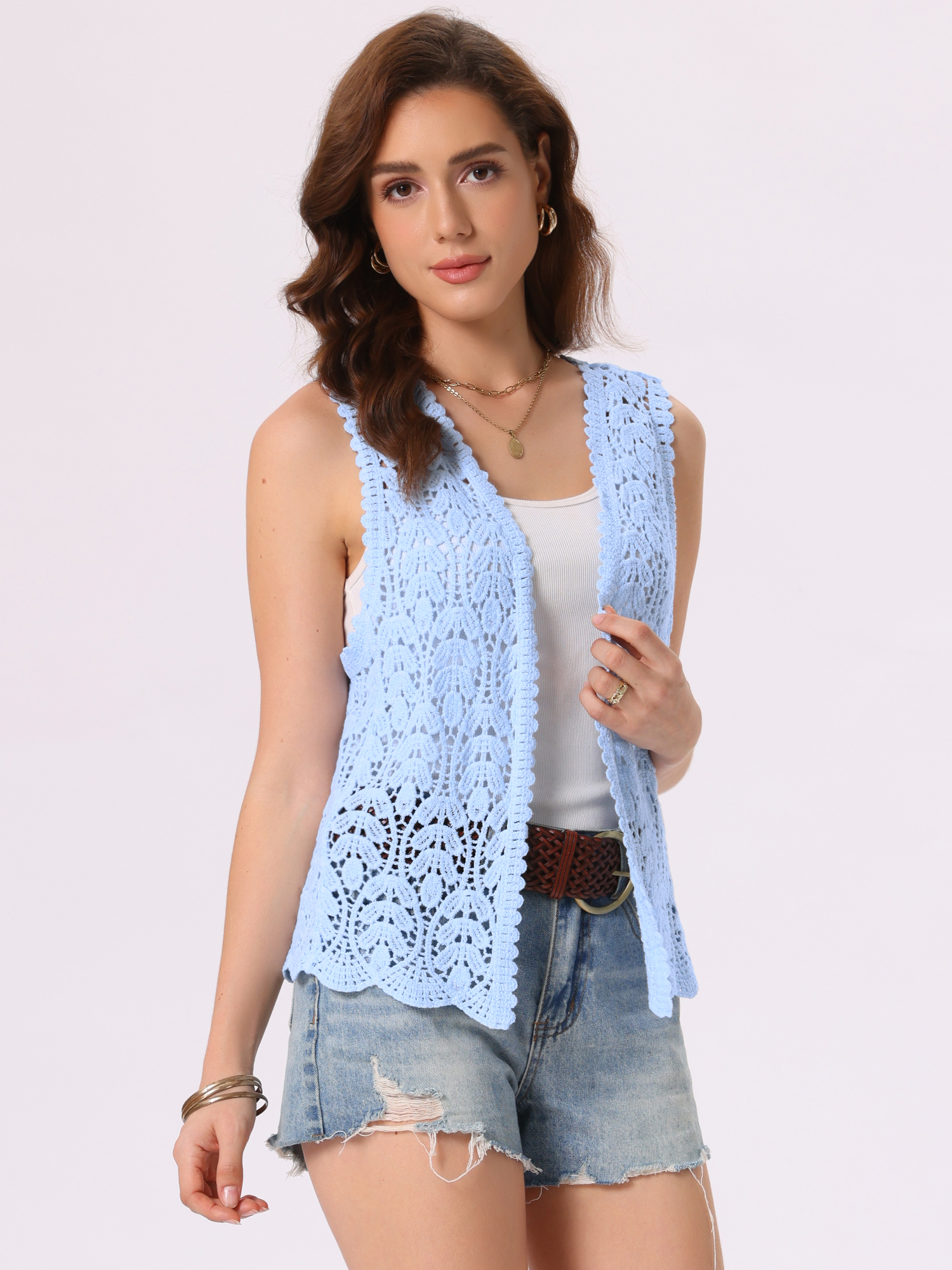 Floral Crochet Hollow Out Sleeveless Open Front Boho Vest Cardigan Light Blue/XL