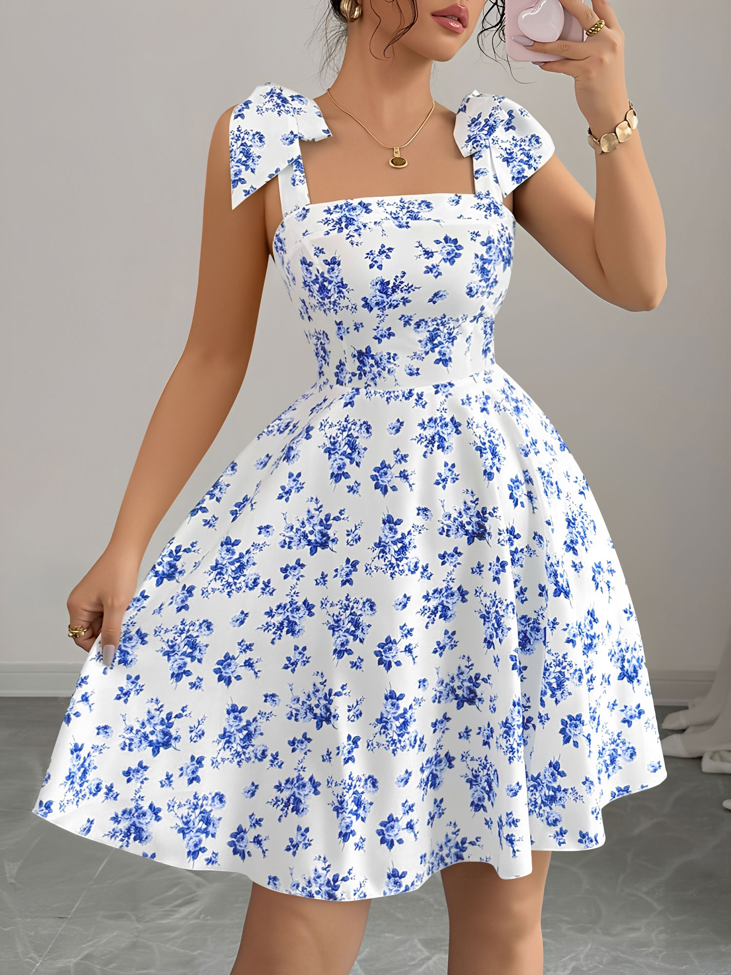 Floral Lace-Up Straps Backless Smocked A-Line Dress Blue/S