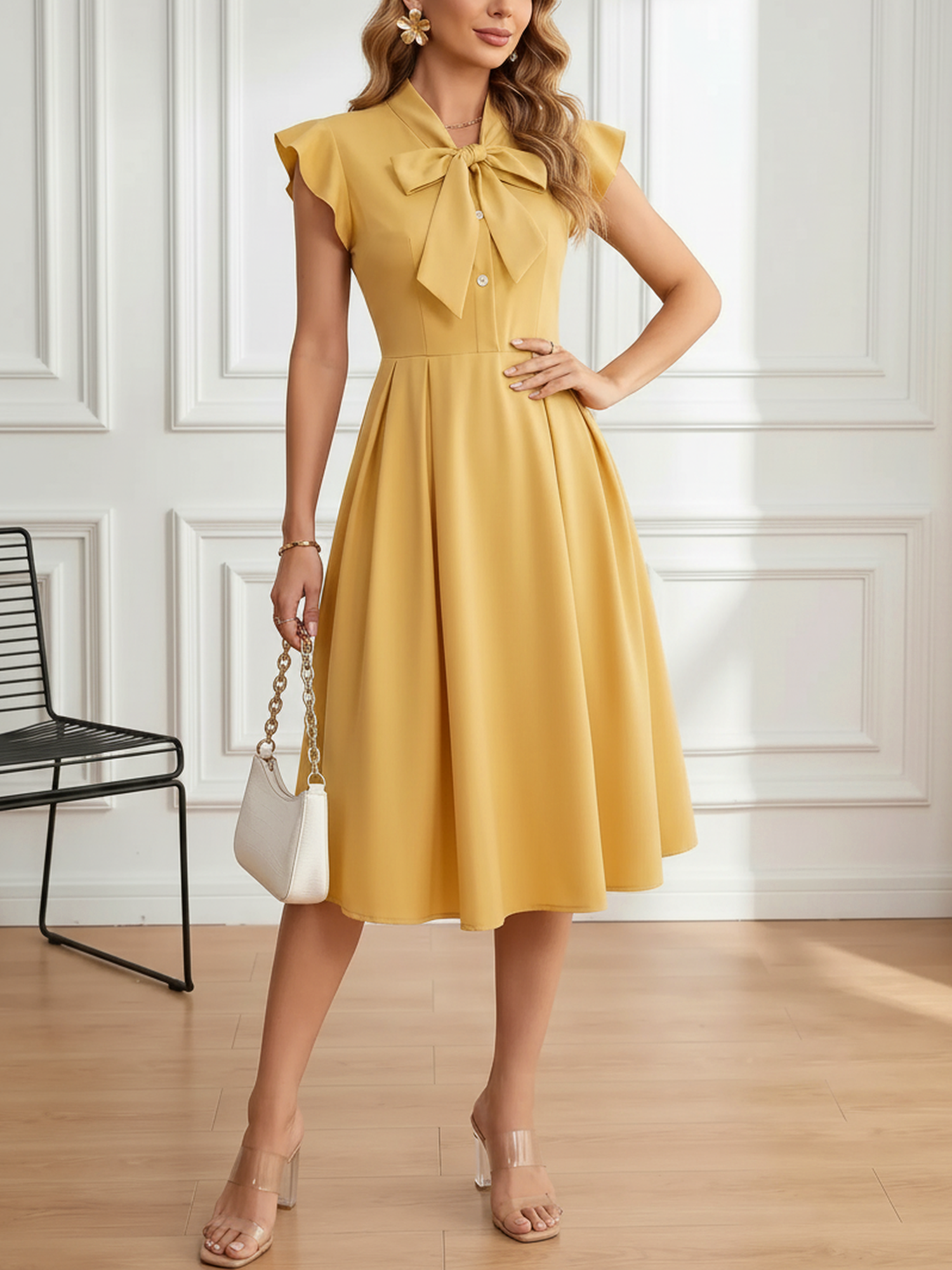 Retro Bow-Tie Ruffle Sleeve A-Line Midi Dress Yellow/L