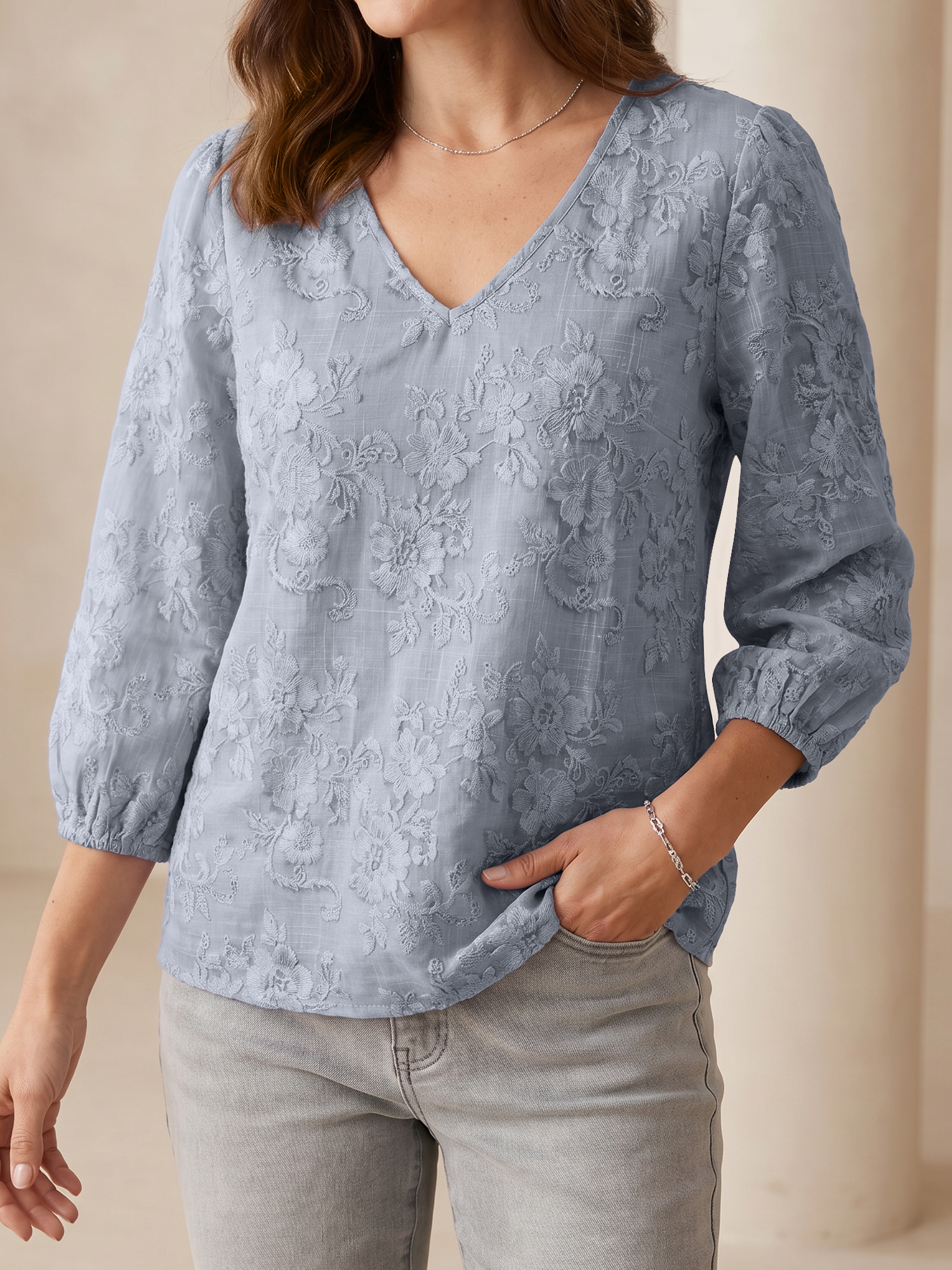 Printed Floral Puff 3/4 Sleeve V Neck Casual Blouse Grey Blue/XS