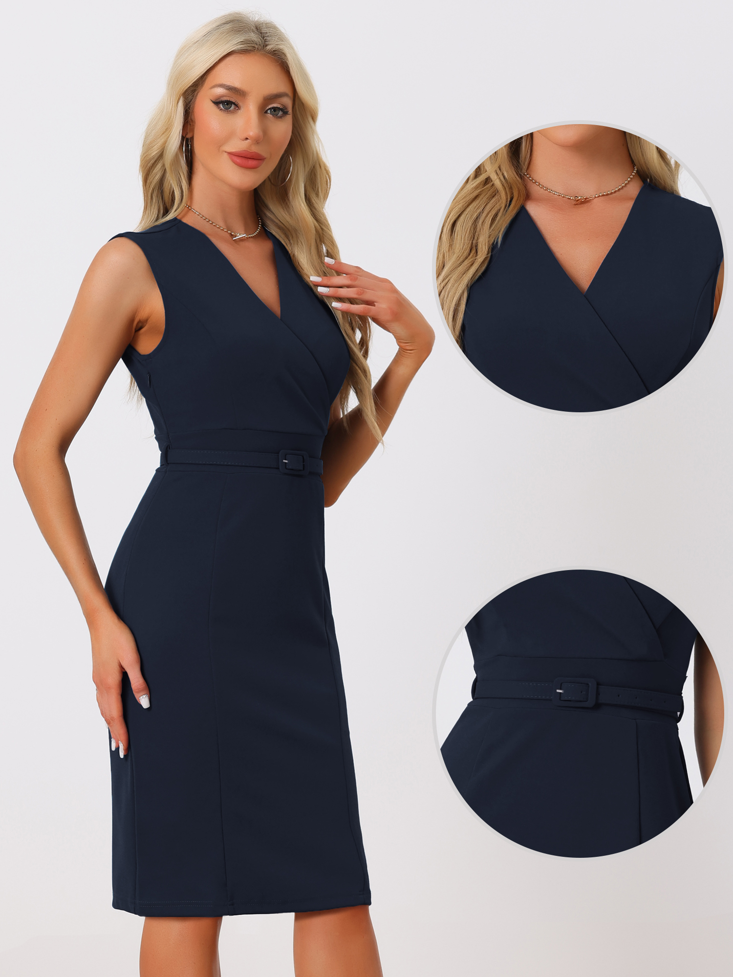 Solid Color V Neck Sleeveless Belted Business Office Midi Sheath Dress Dark Blue/XL