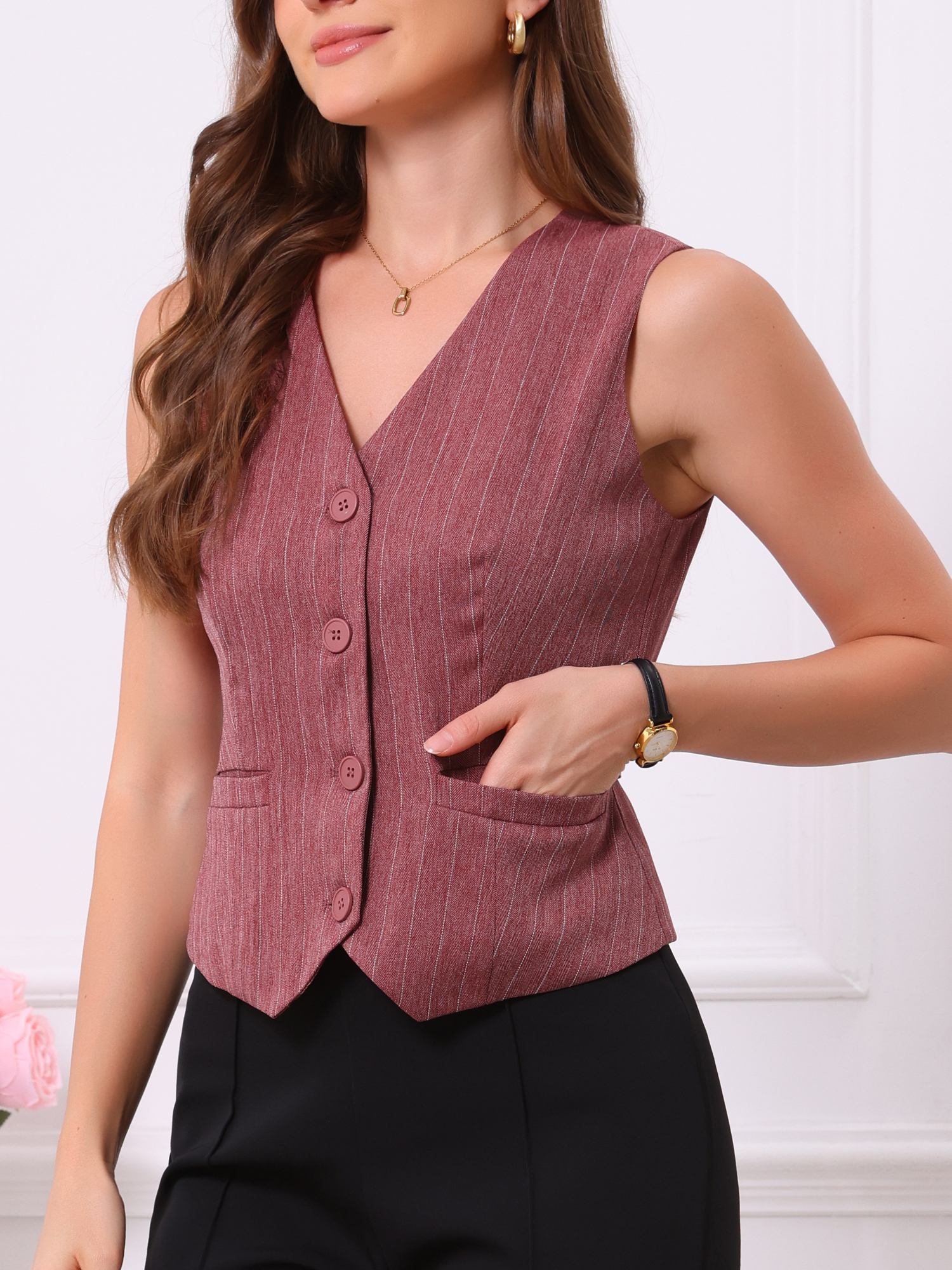 Striped V Neck Sleeveless Button Down Pocketed Fully Lined Waistcoat Vest Striped V Neck Sleeveless Button Down Pocketed Fully Lined Waistcoat Vest