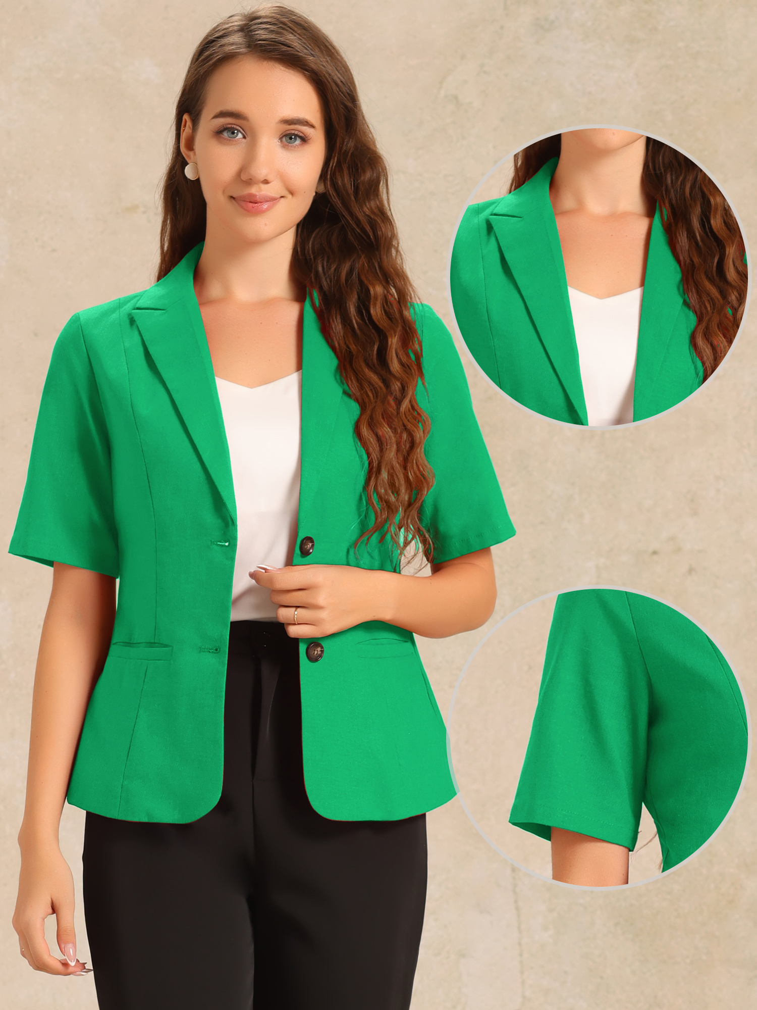 Cotton Linen Office Business Short Sleeve Notched Lapel Blazer Jacket Green/XS