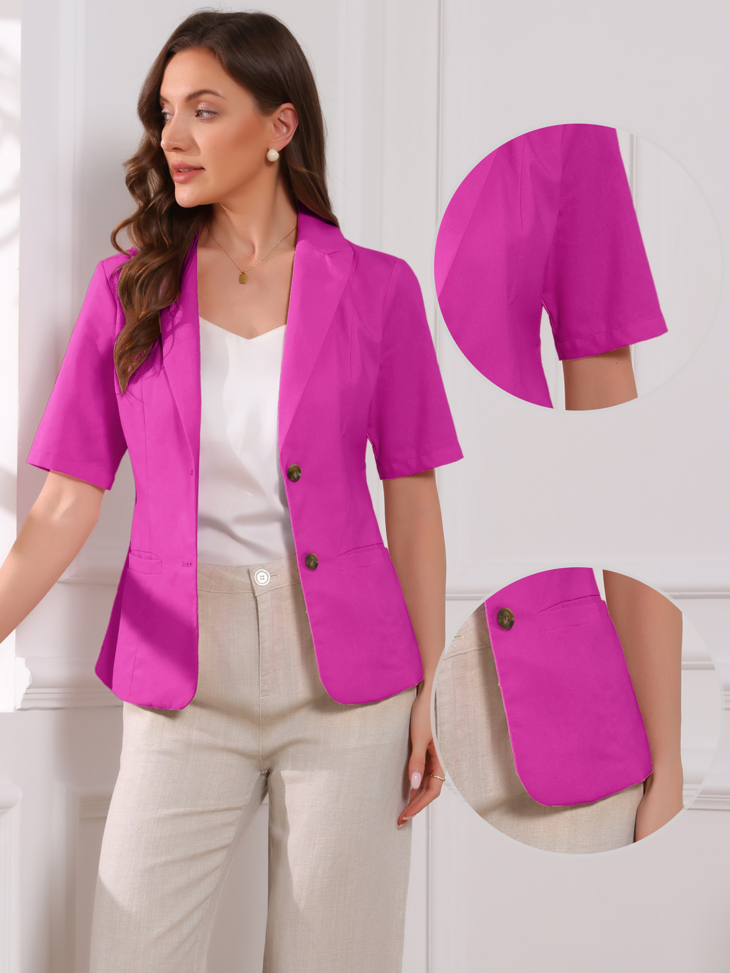 Cotton Linen Office Business Short Sleeve Notched Lapel Blazer Jacket Rose Red/M