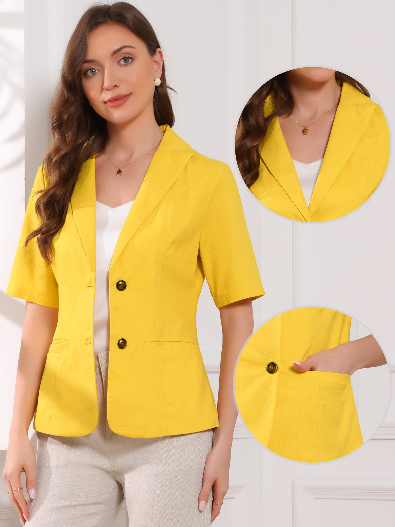 Cotton Linen Office Business Short Sleeve Notched Lapel Blazer Jacket Ginger/XS
