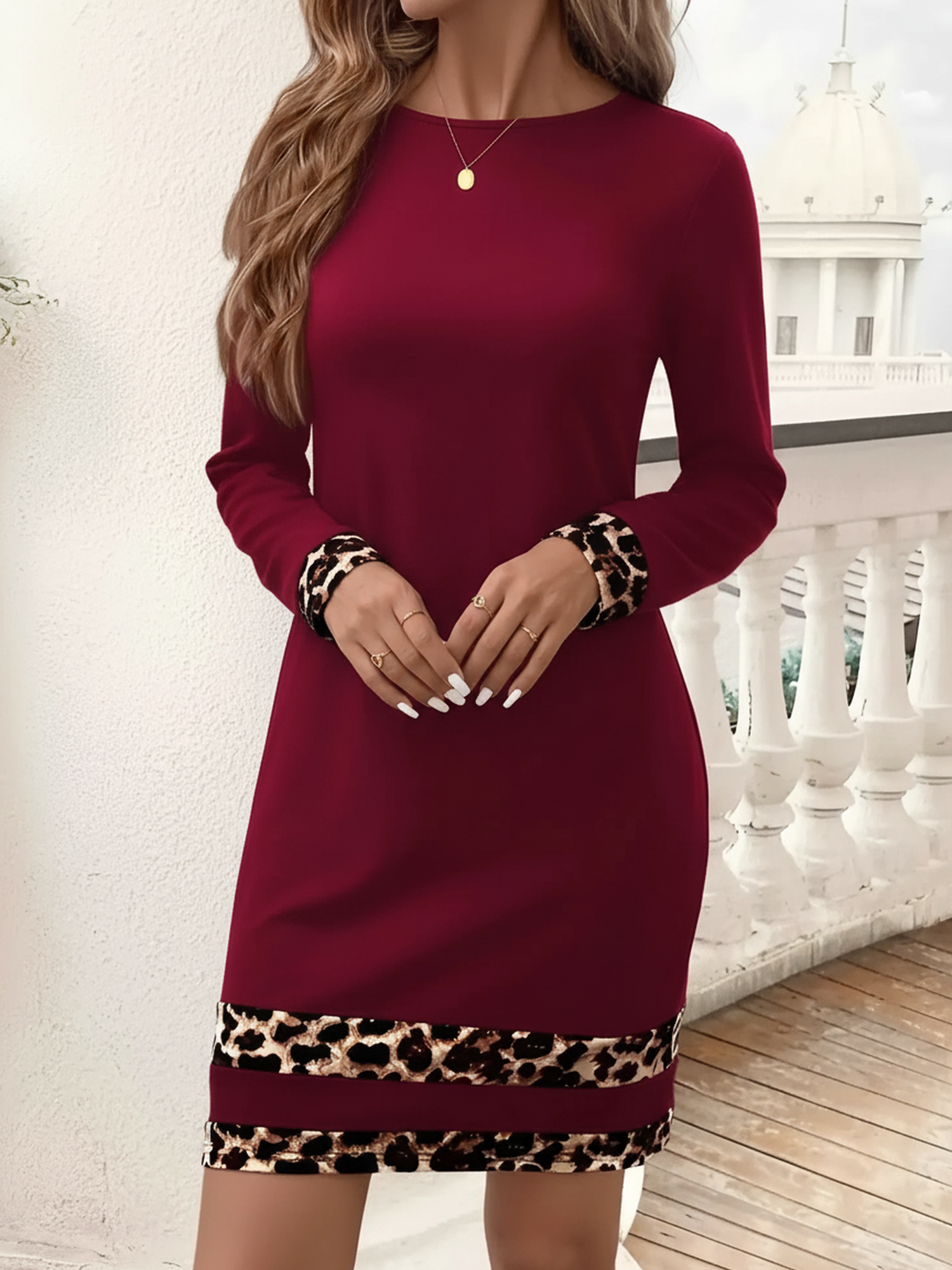 Leopard-Print Patchwork Long Sleeve Midi Dress Burgundy/M