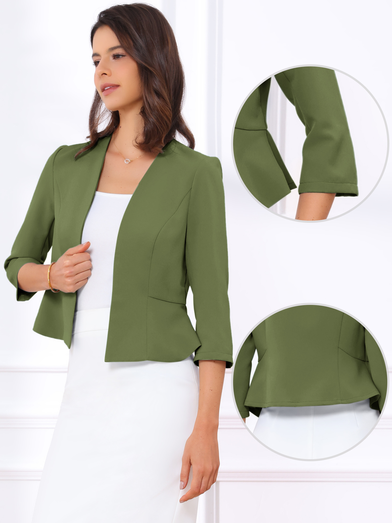 Open Front Collarless 3/4 Sleeve Peplum Cropped Jacket Army Green/XL