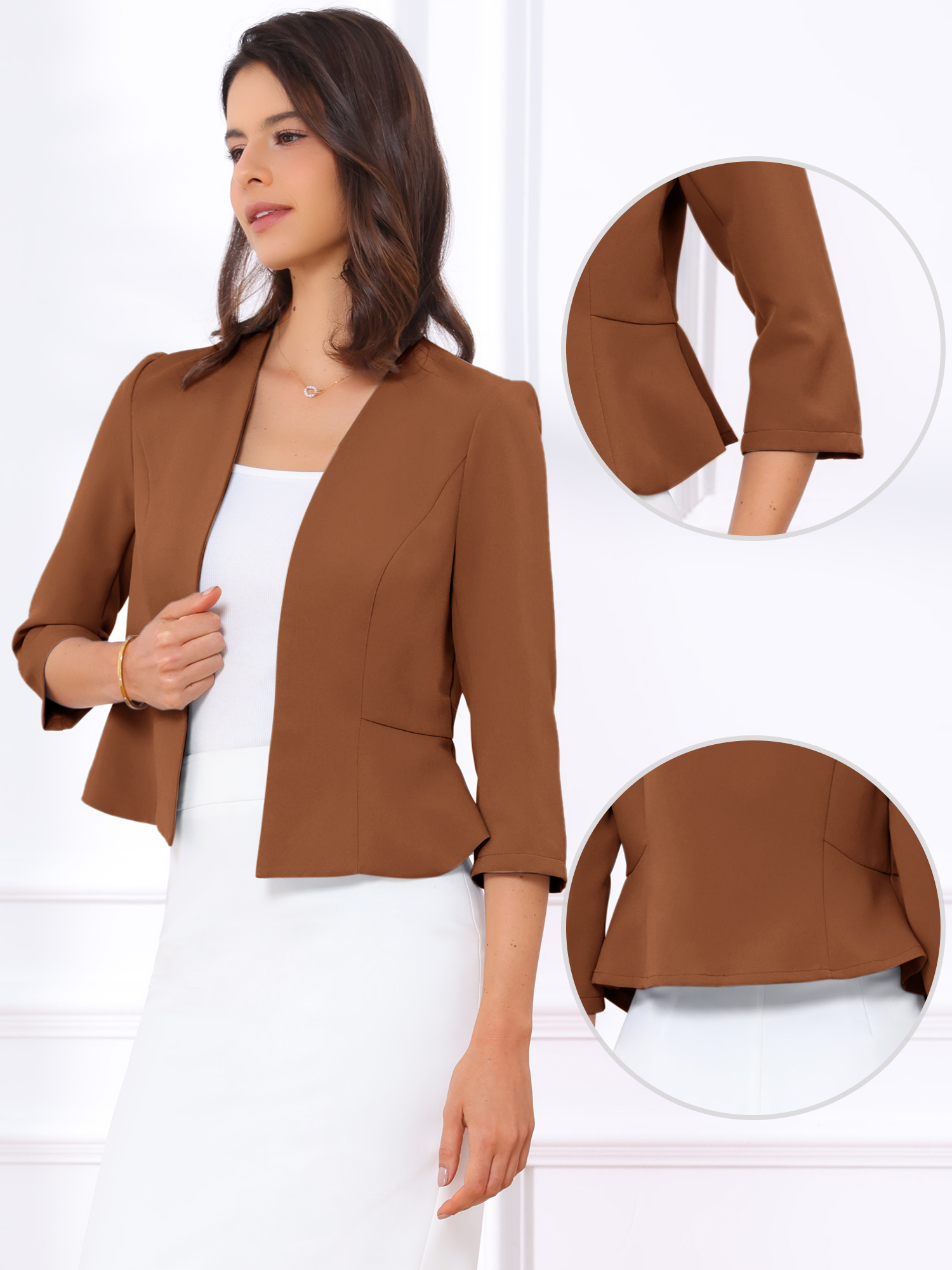 Open Front Collarless 3/4 Sleeve Peplum Cropped Jacket Brown/XS