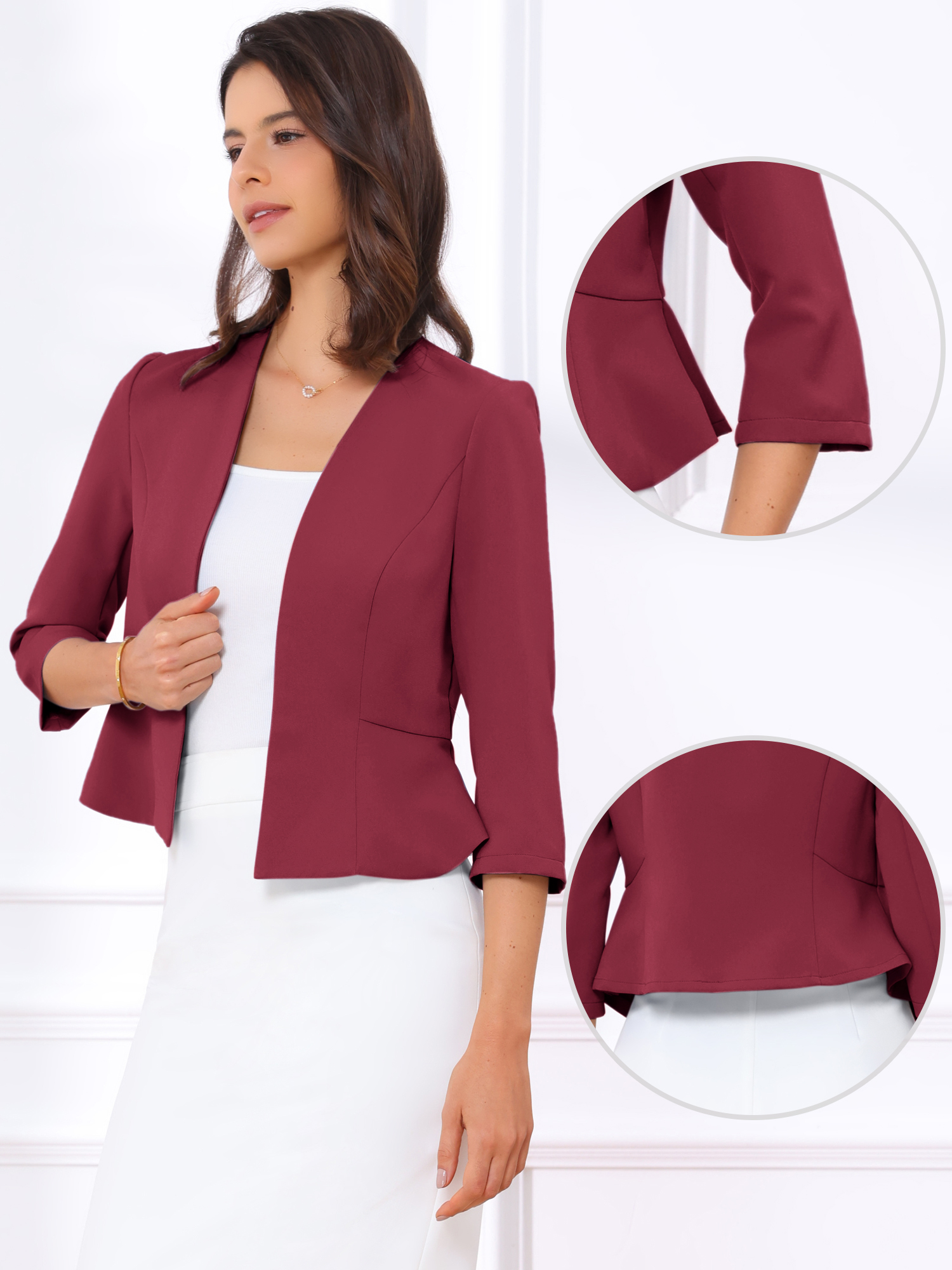 Open Front Collarless 3/4 Sleeve Peplum Cropped Jacket Dark Red/XS