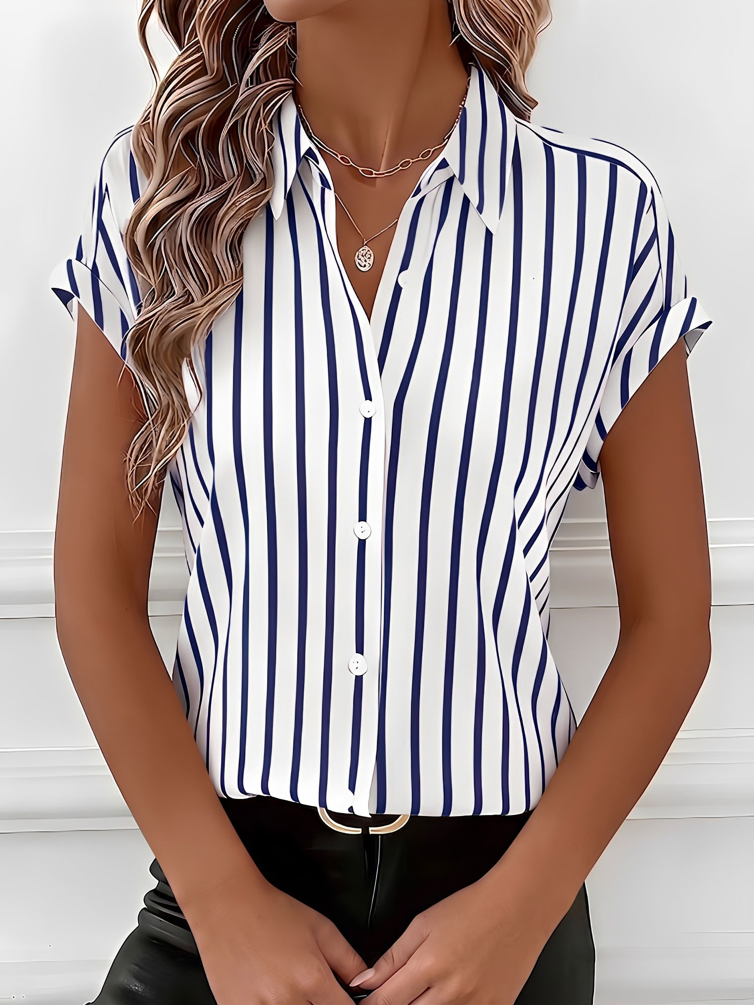Casual Drop-Shoulder Striped Short Sleeves Blouse Blue/L