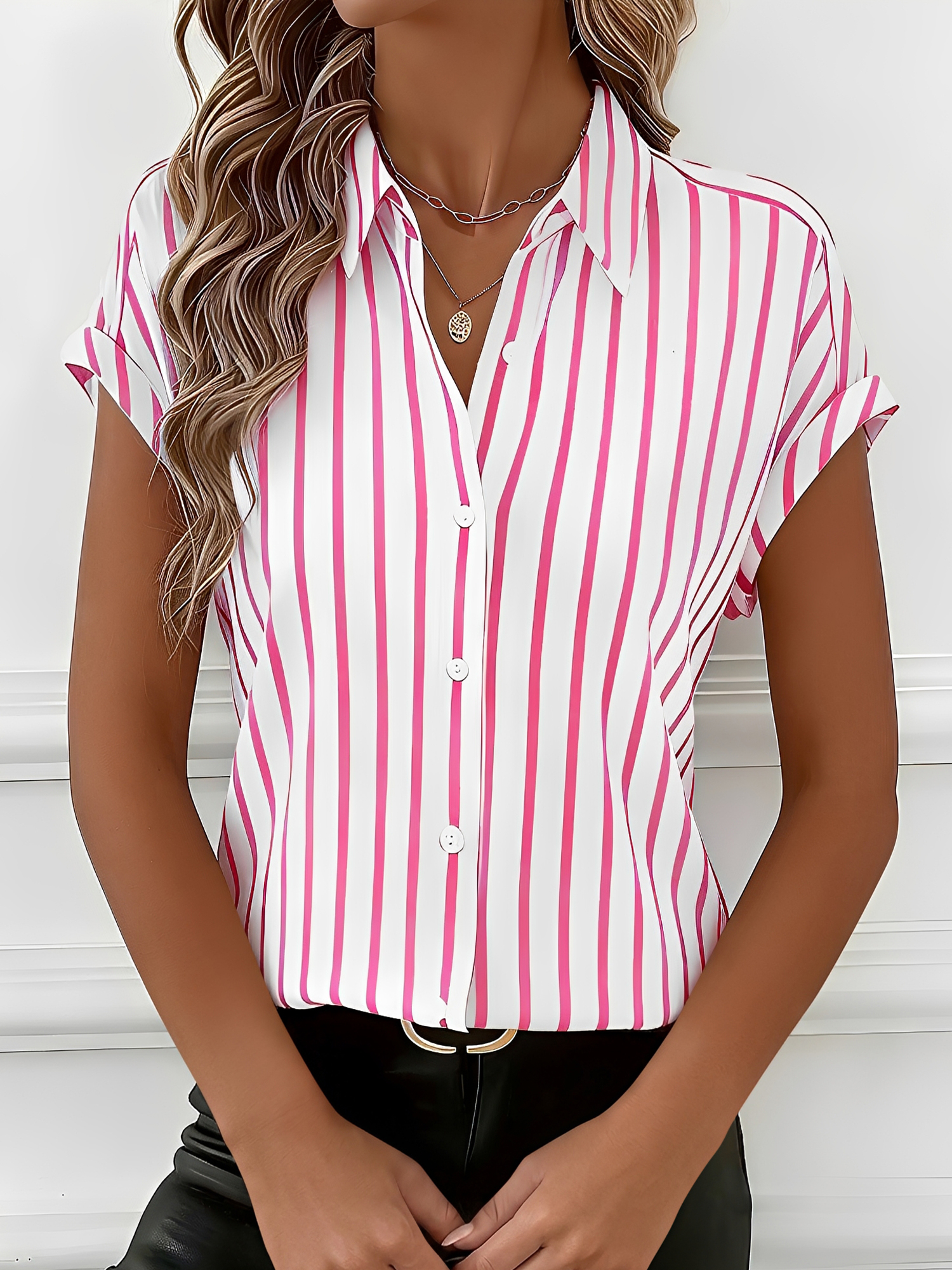 Casual Drop-Shoulder Striped Short Sleeves Blouse Pink/M