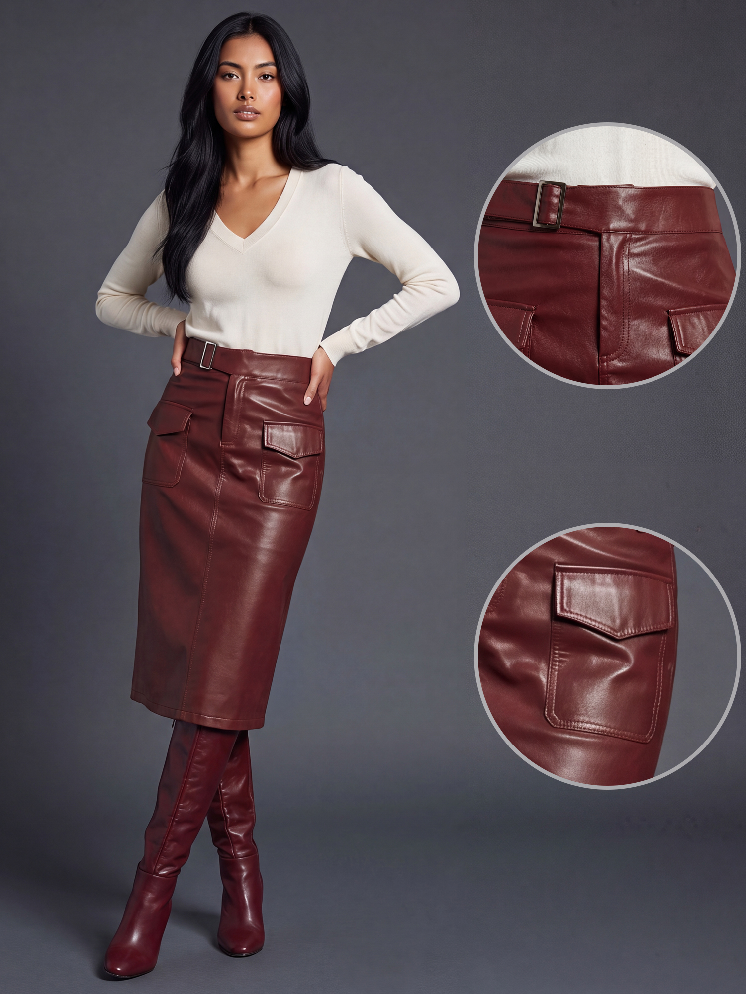 Faux Leather Belted Pocket Midi Split Pencil Skirt Red/S
