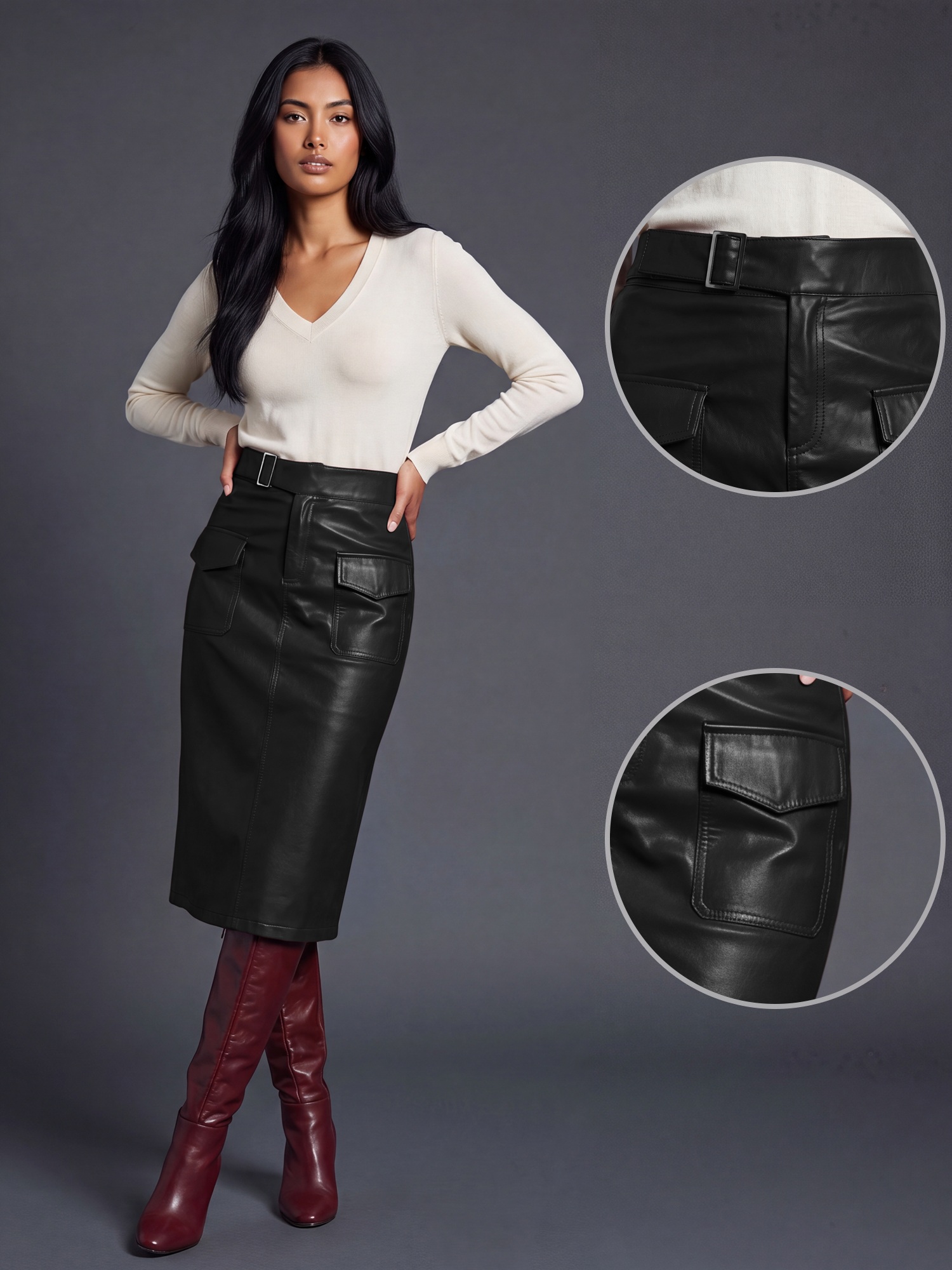 Faux Leather Belted Pocket Midi Split Pencil Skirt Black/XS