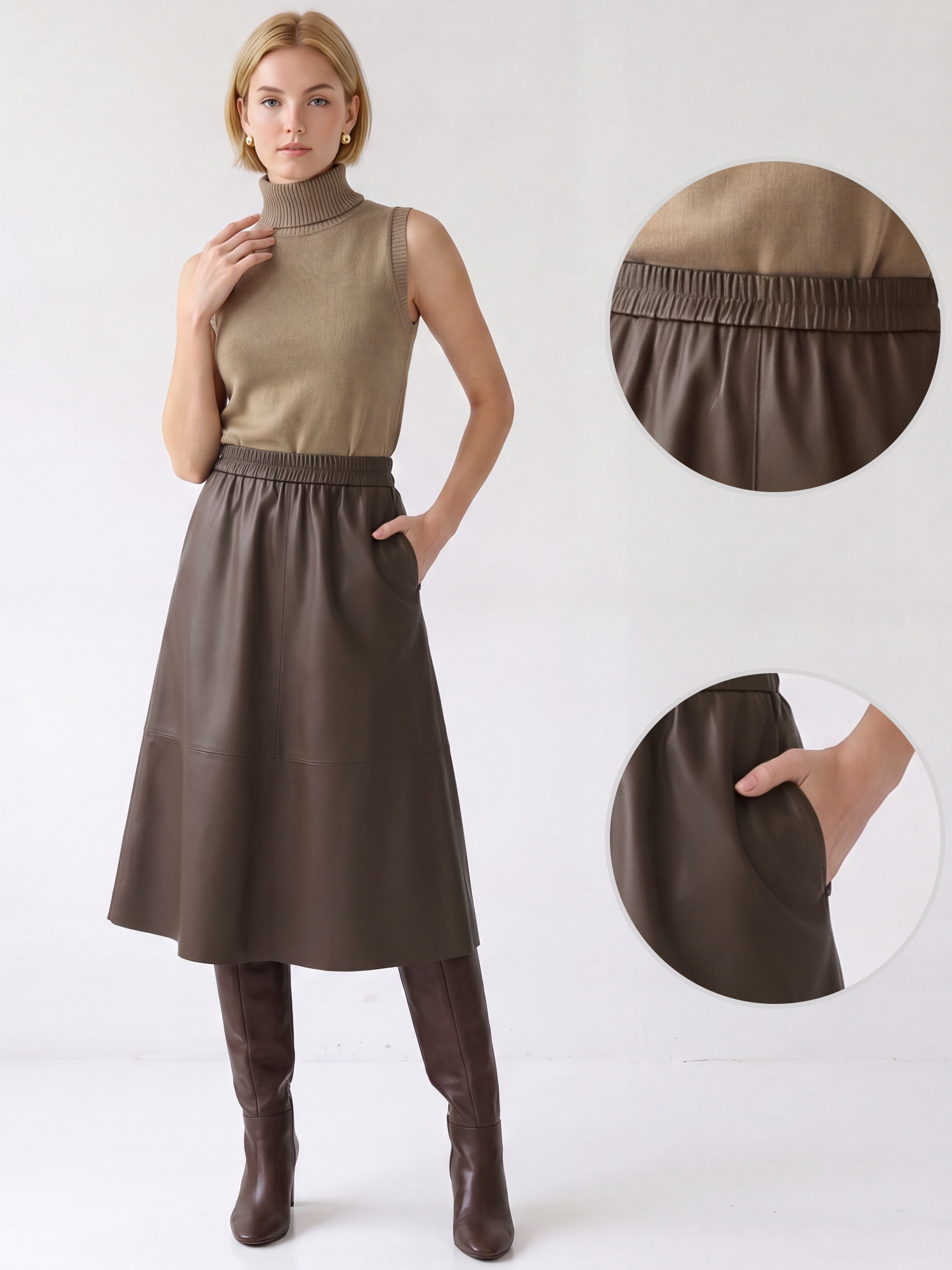 PU Faux Leather A-Line Pocketed Midi Skirt Coffee/S