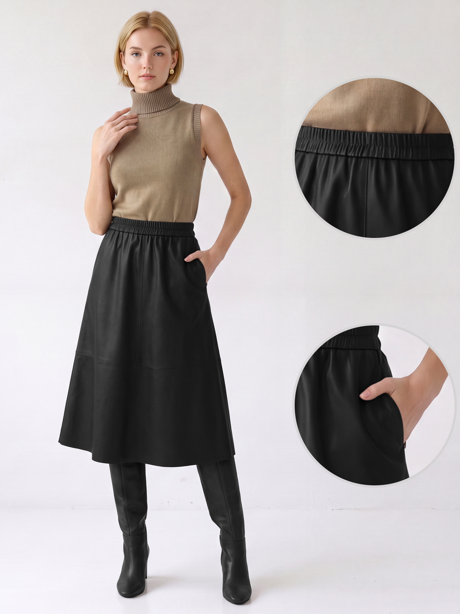 PU Faux Leather A-Line Pocketed Midi Skirt Black/XS