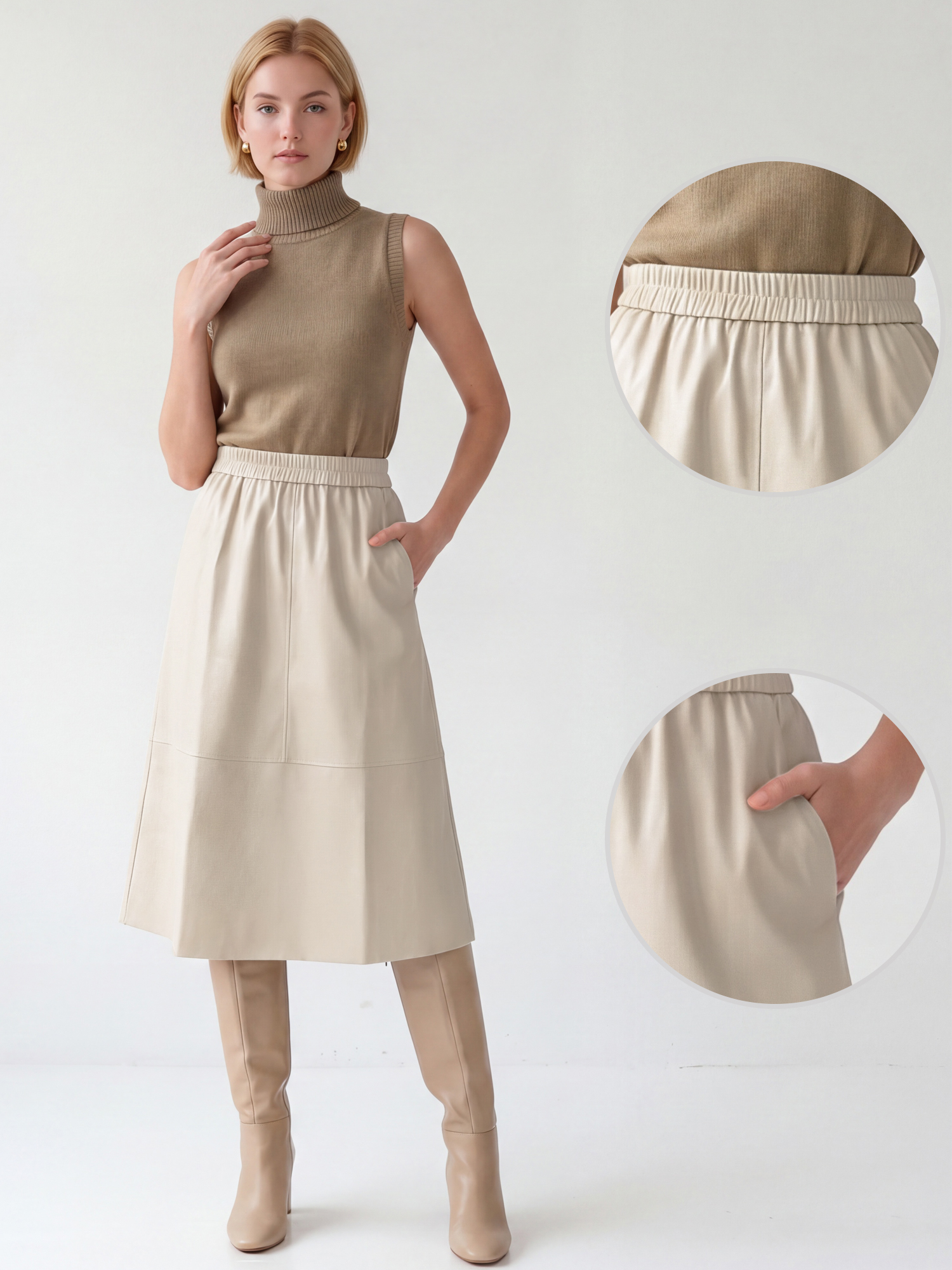 PU Faux Leather A-Line Pocketed Midi Skirt Beige/XS