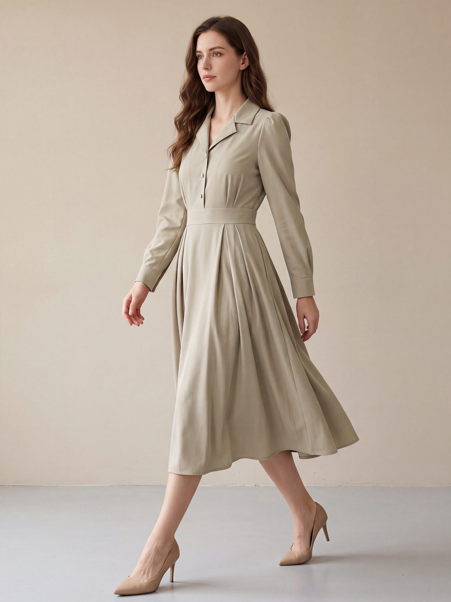 Long Puff Sleeve A-Line Collared Midi Shirt Dress Apricot/M
