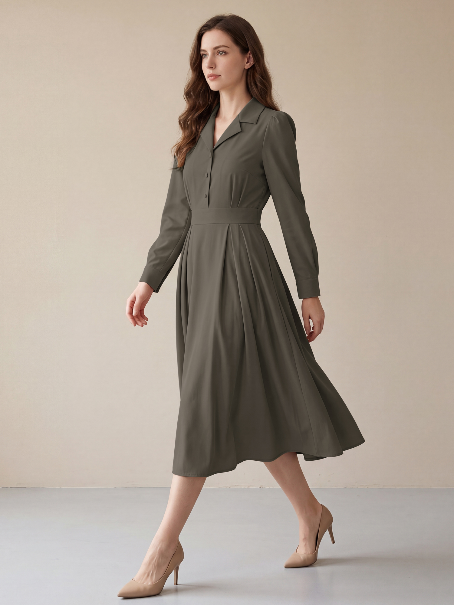 Long Puff Sleeve A-Line Collared Midi Shirt Dress Coffee/XS