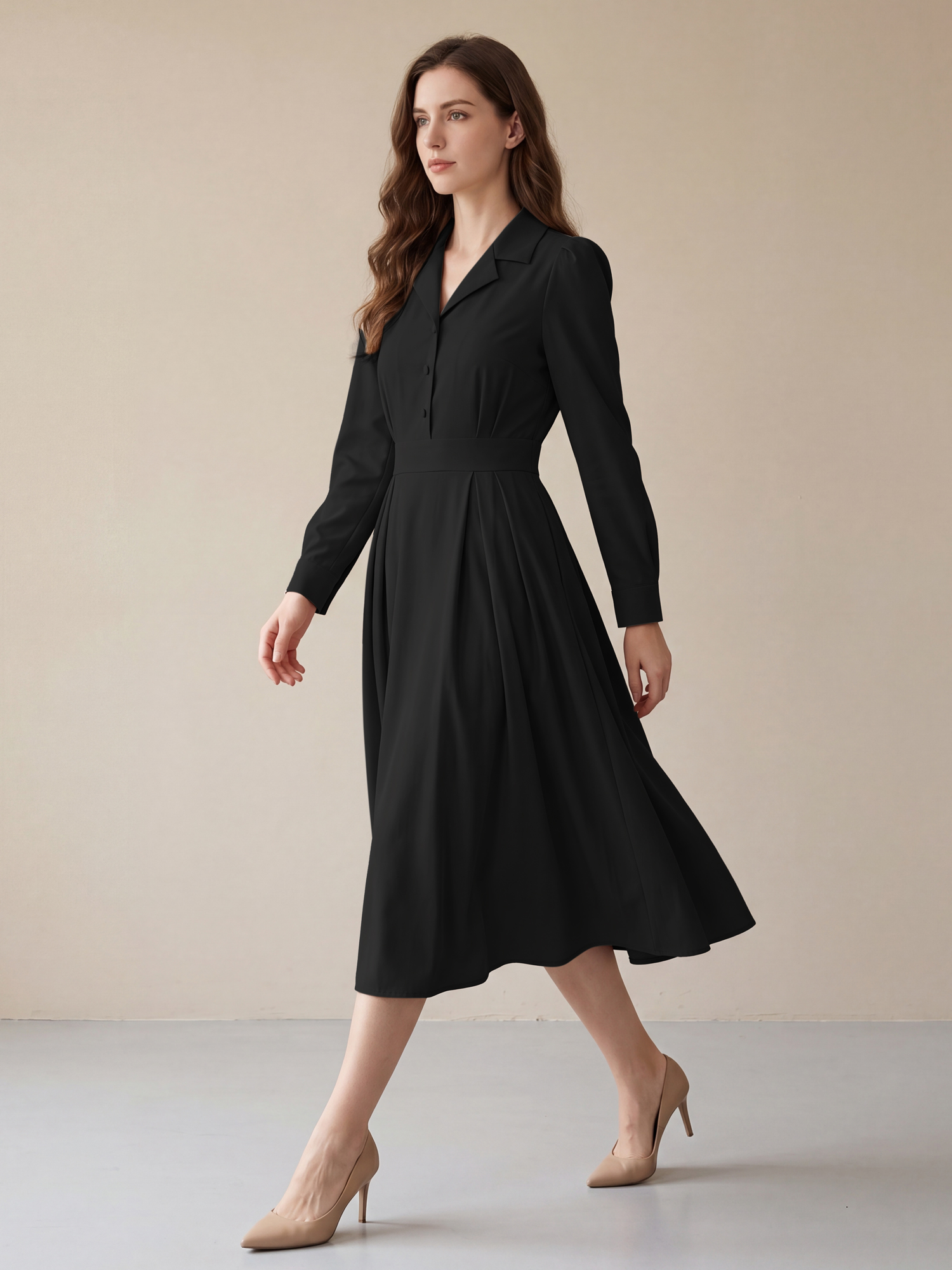 Long Puff Sleeve A-Line Collared Midi Shirt Dress Long Puff Sleeve A-Line Collared Midi Shirt Dress