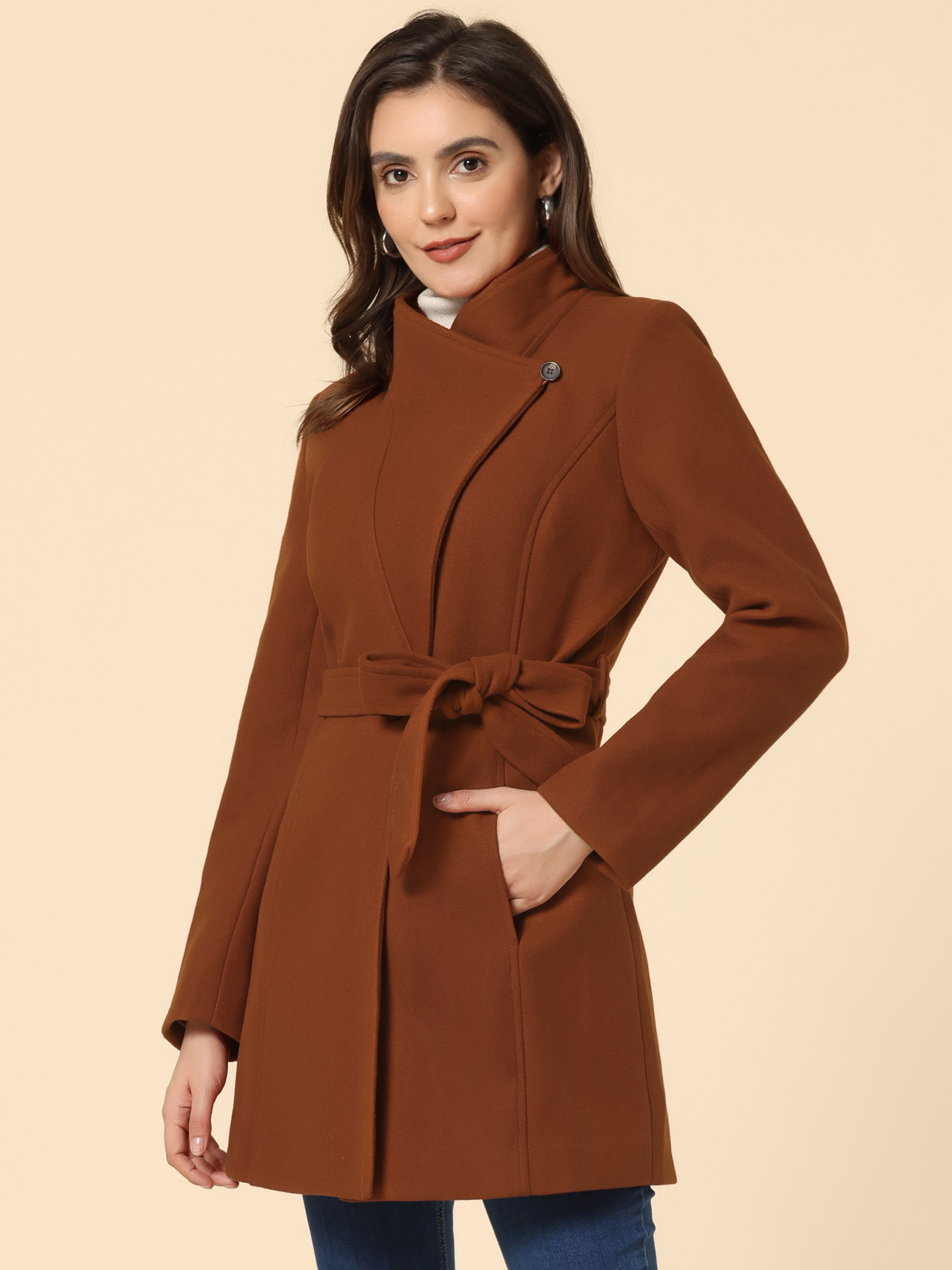 Classic Stand Collar Long Sleeve Winter Belted Coat Reddish Brown/XL