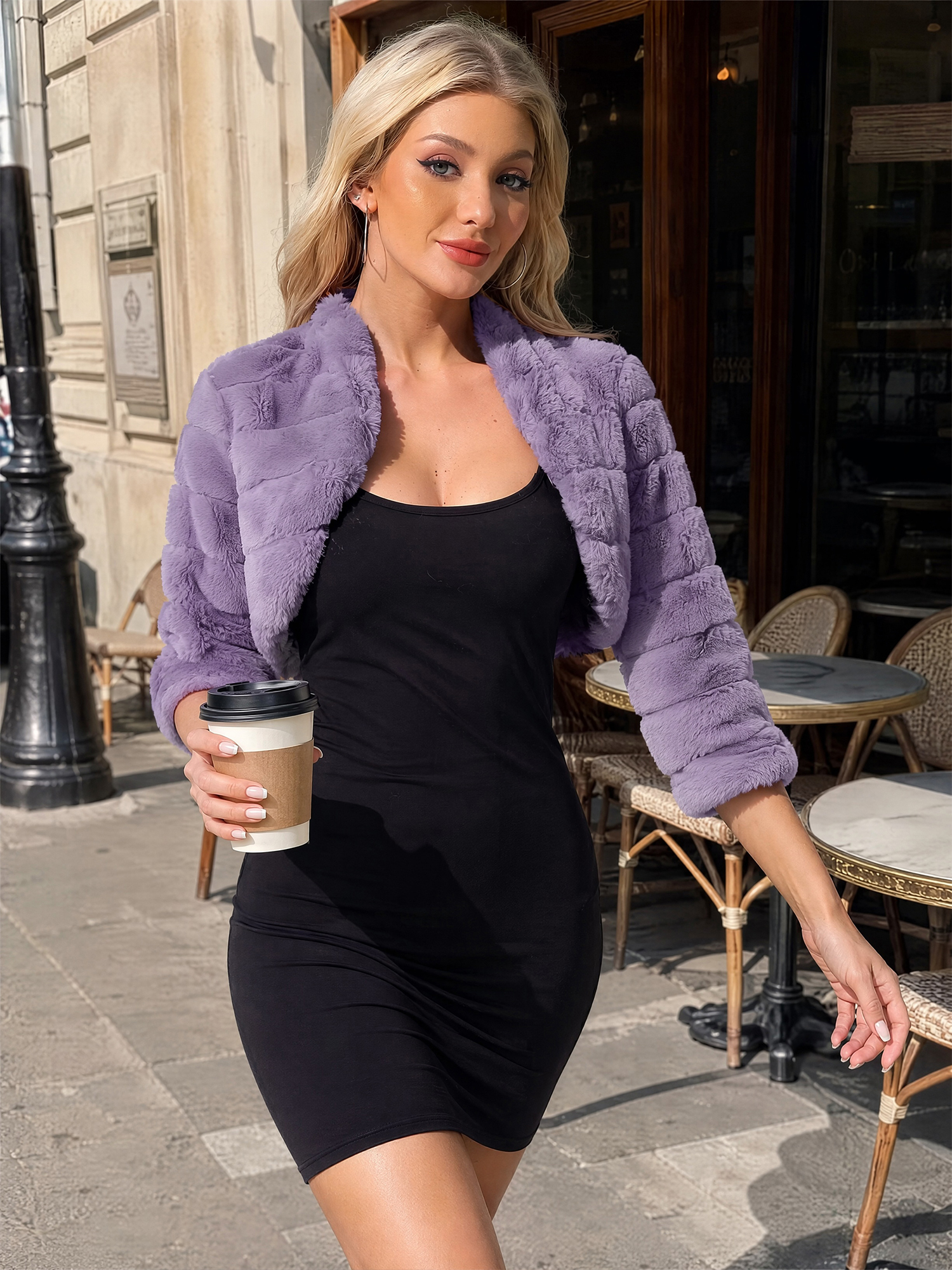 Faux Fur 3/4 Sleeves Cocktail Cropped Jacket Bolero Shrug Grey Purple/L