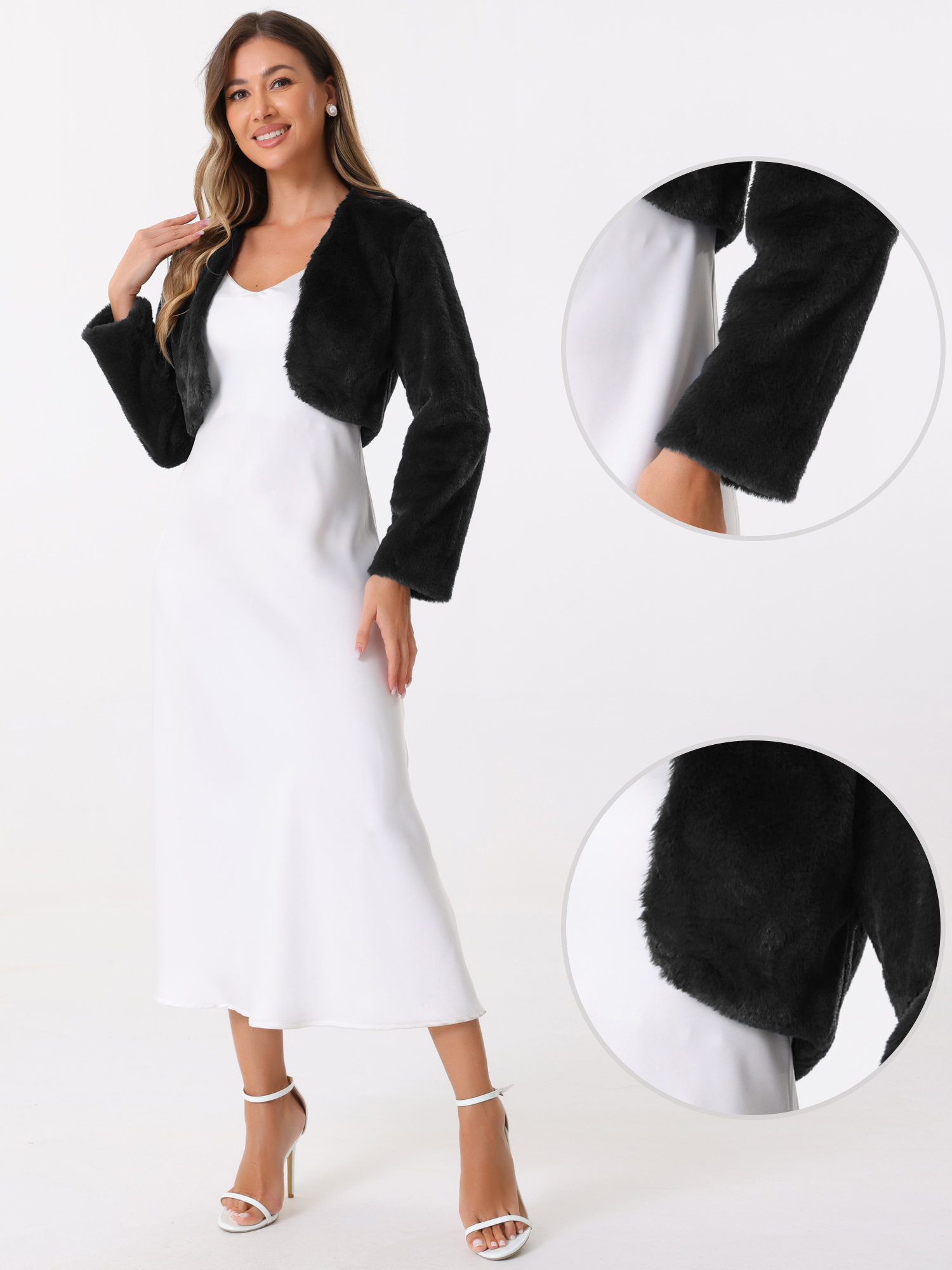 Evening Open Front Bolero Shrug Cropped Faux Fur Jacket Black/L