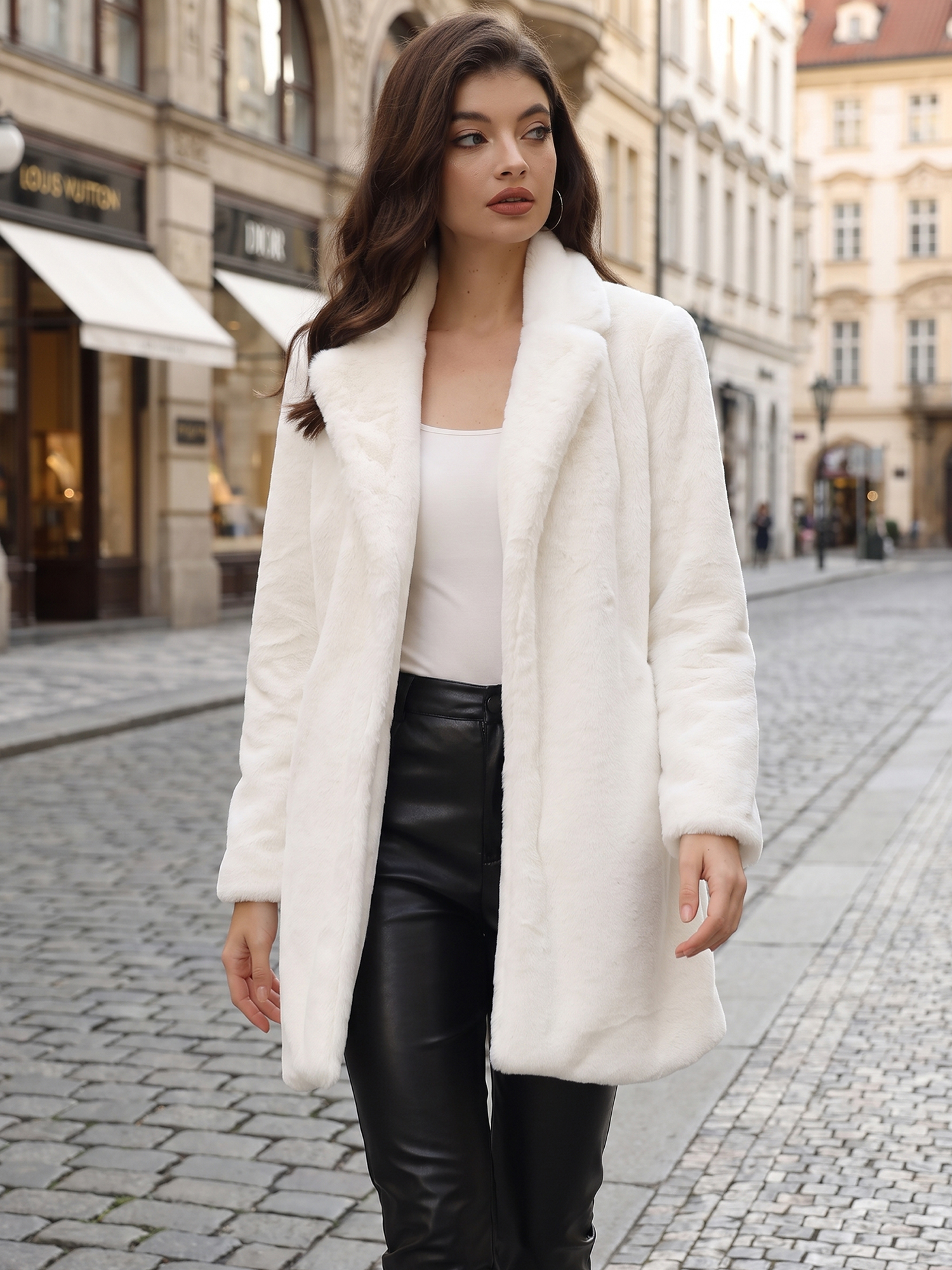 Lapel Collar Faux Fur Fuzzy Winter Warm Pockets Coat Beige/L