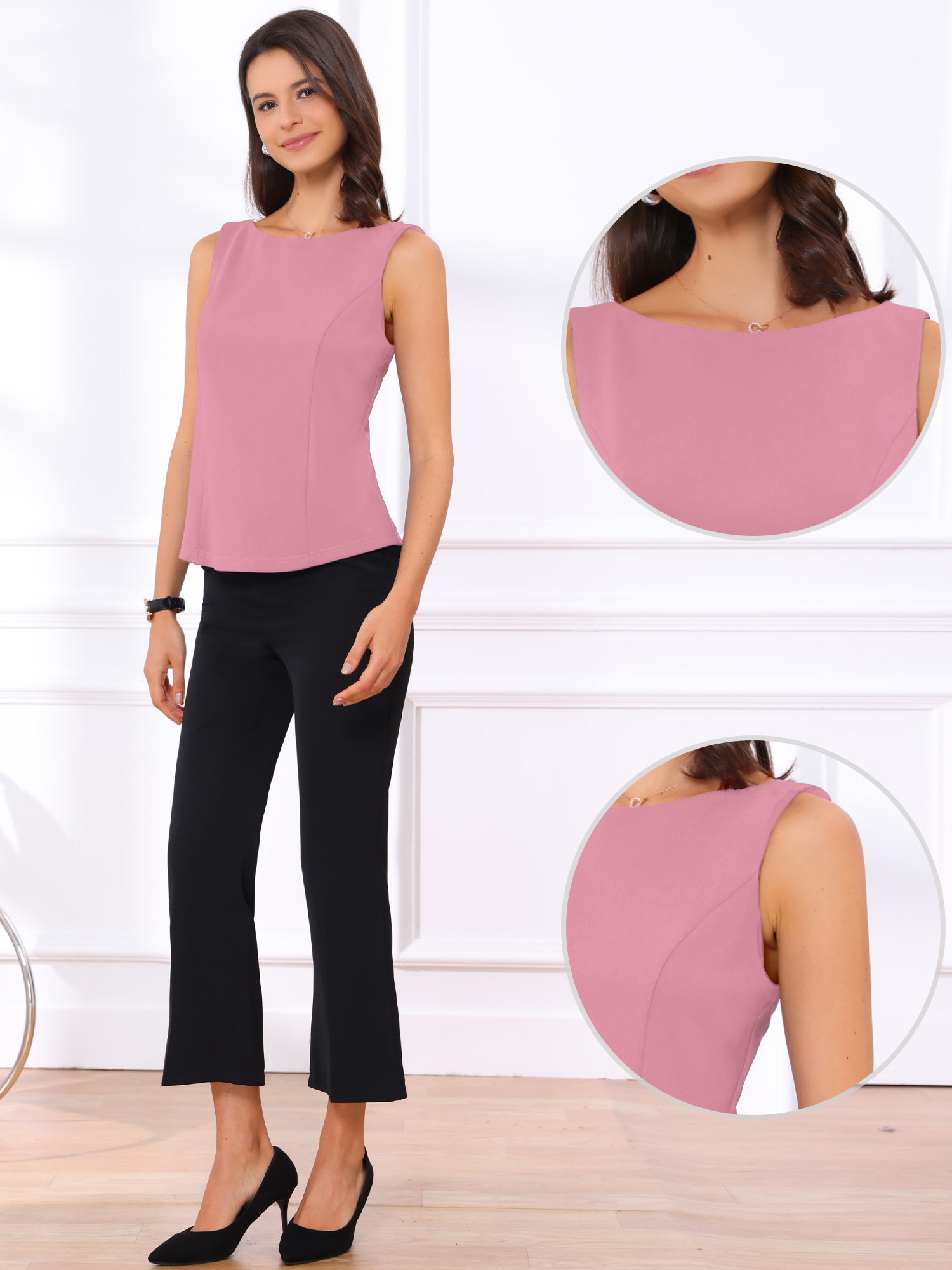 Boat Neck Work Office Sleeveless Basic Tops Pink/XL