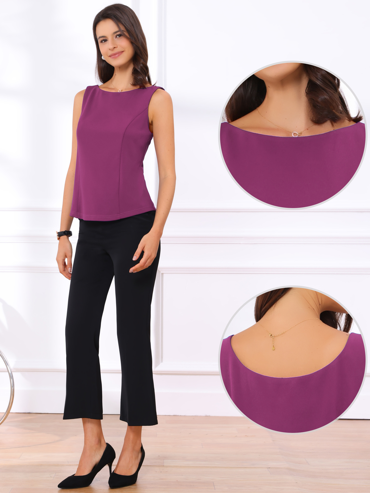 Boat Neck Work Office Sleeveless Basic Tops Plum/S