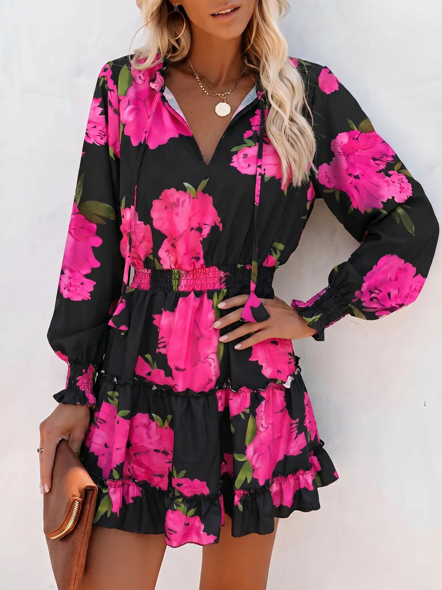 Ruffled Printed V-Neck Fitted Long Sleeve Tiered Dress Rose Red/M