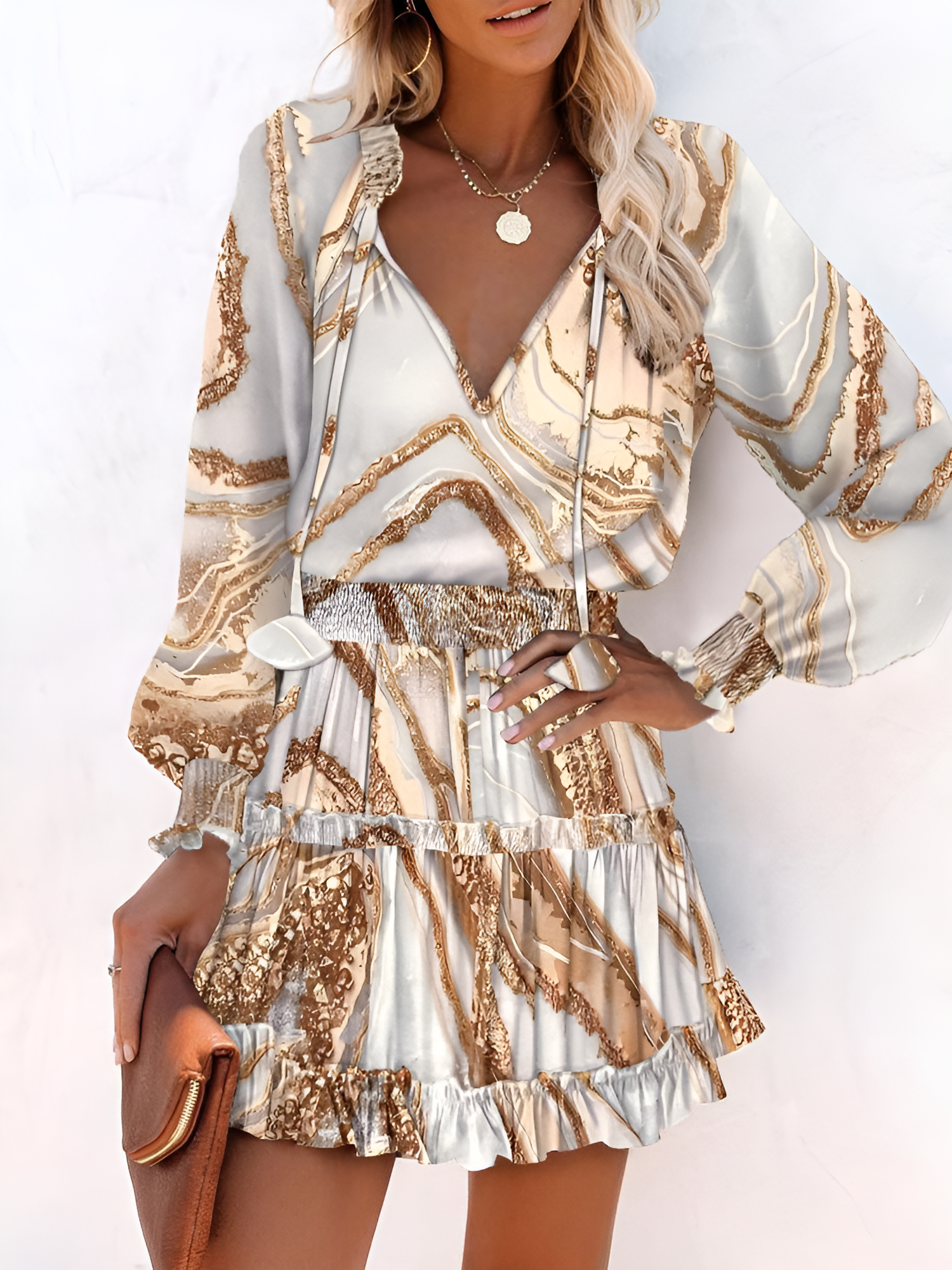 Ruffled Printed V-Neck Fitted Long Sleeve Tiered Dress Khaki/XS