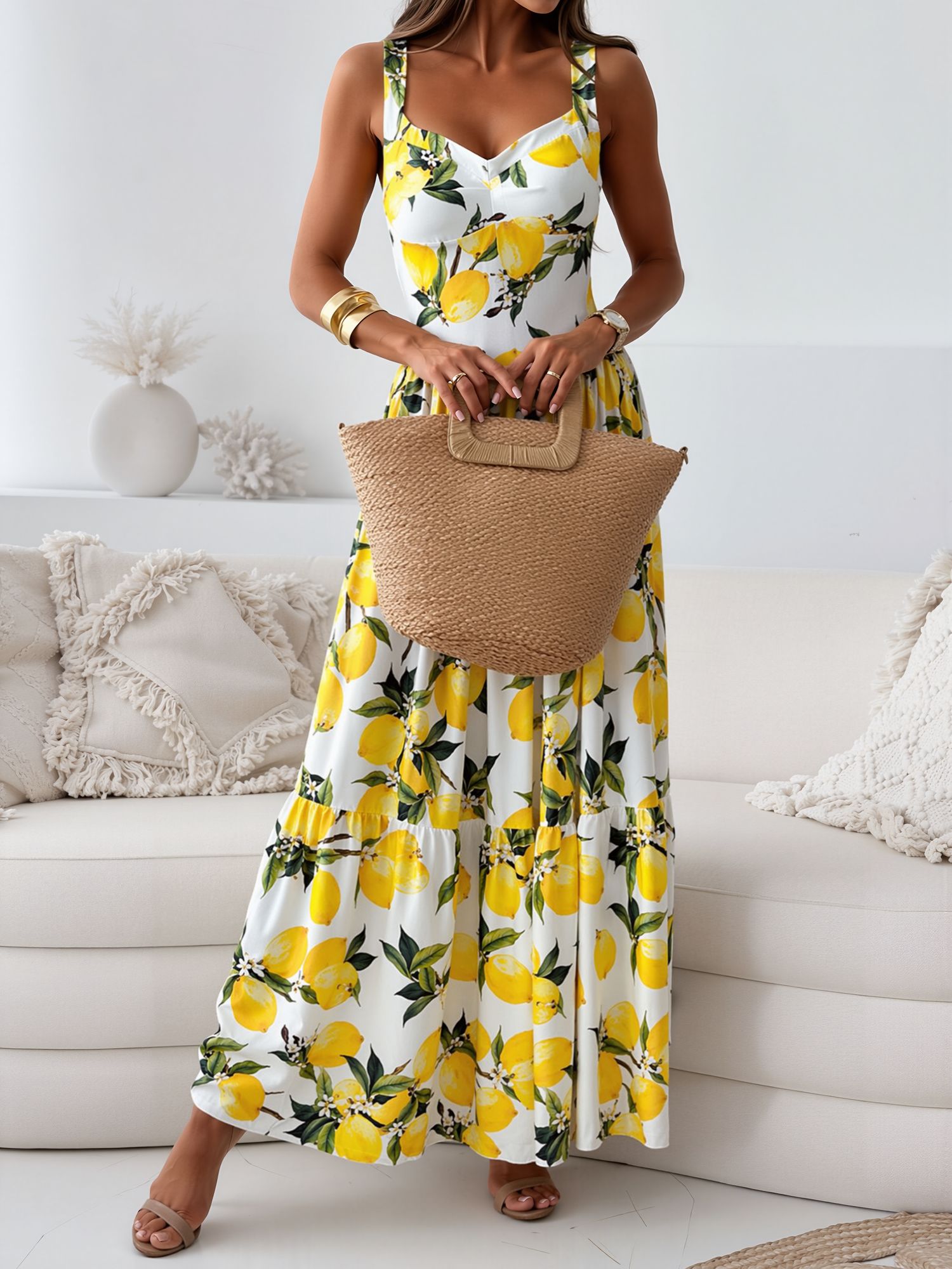 Lemon Printed Strap Smocked Back Tiered Dress Yellow/M