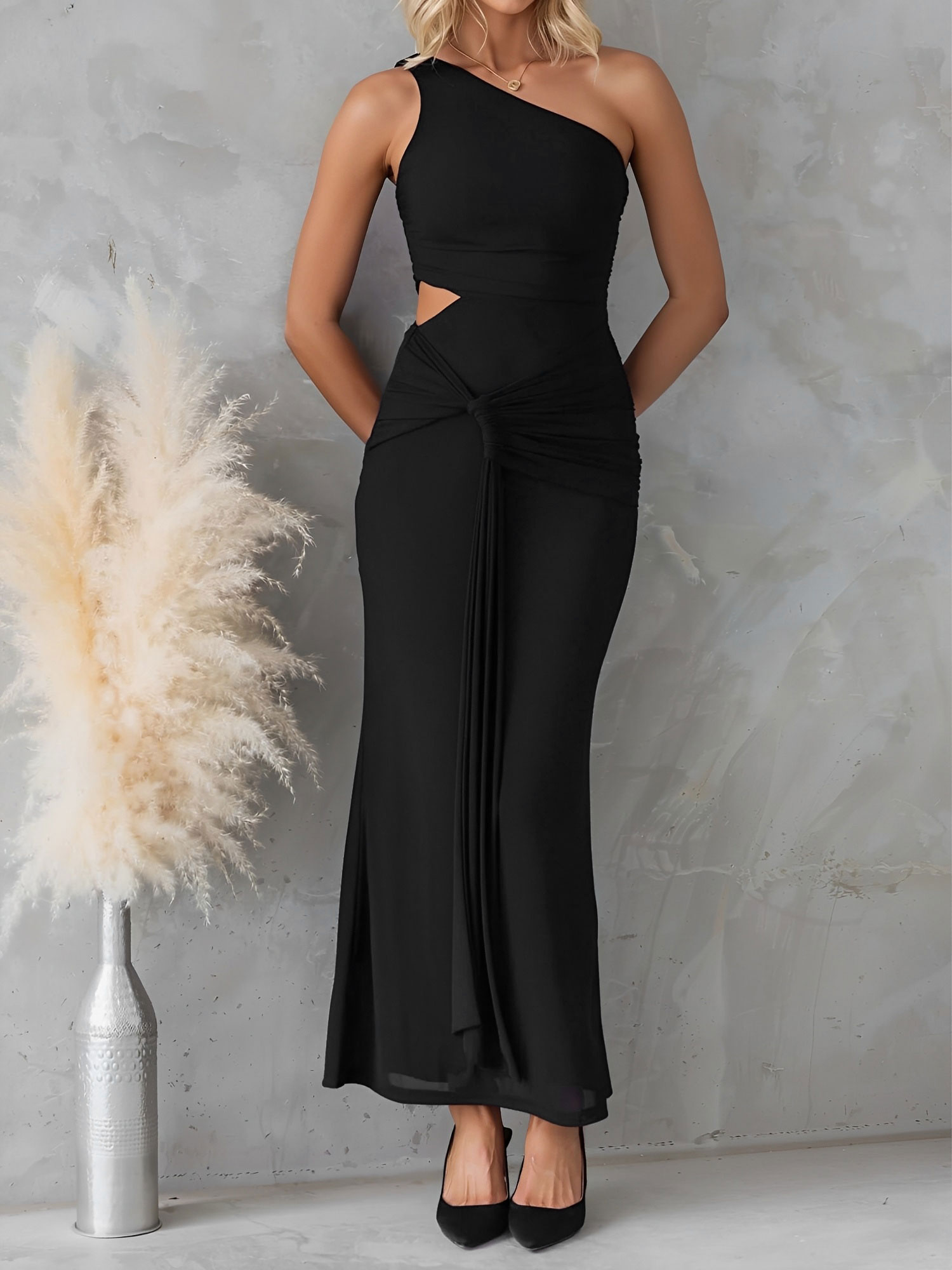 One Shoulder Cut-Out Sleeveless Bodycon Event Dress Black/XS
