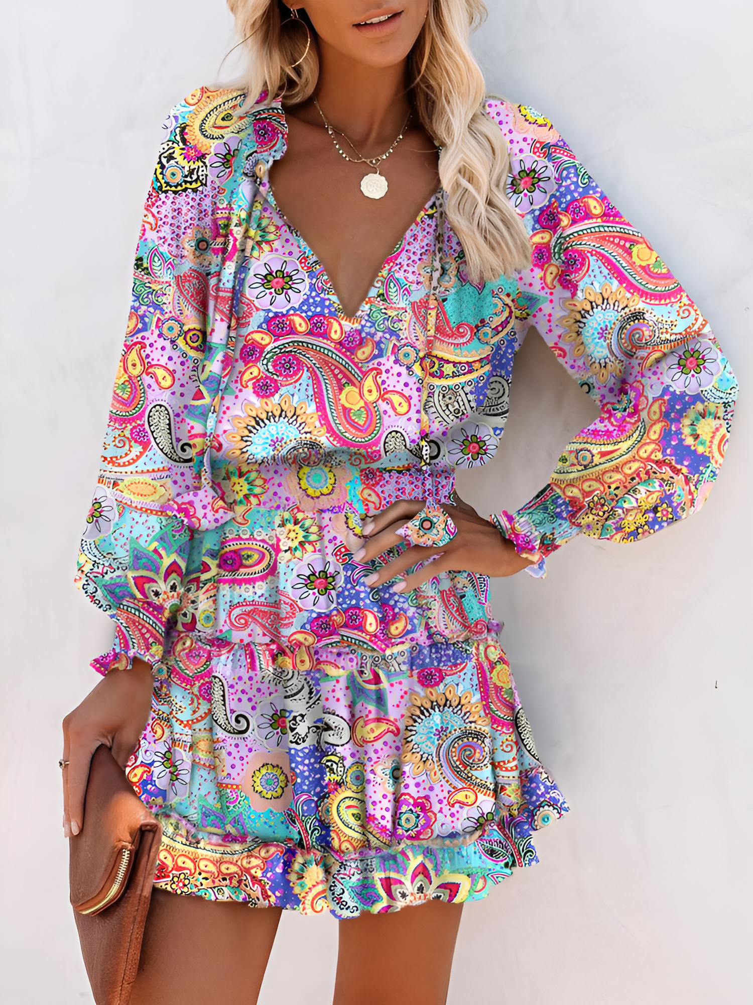 Ruffled Printed V-Neck Fitted Long Sleeve Tiered Dress Light Purple/L
