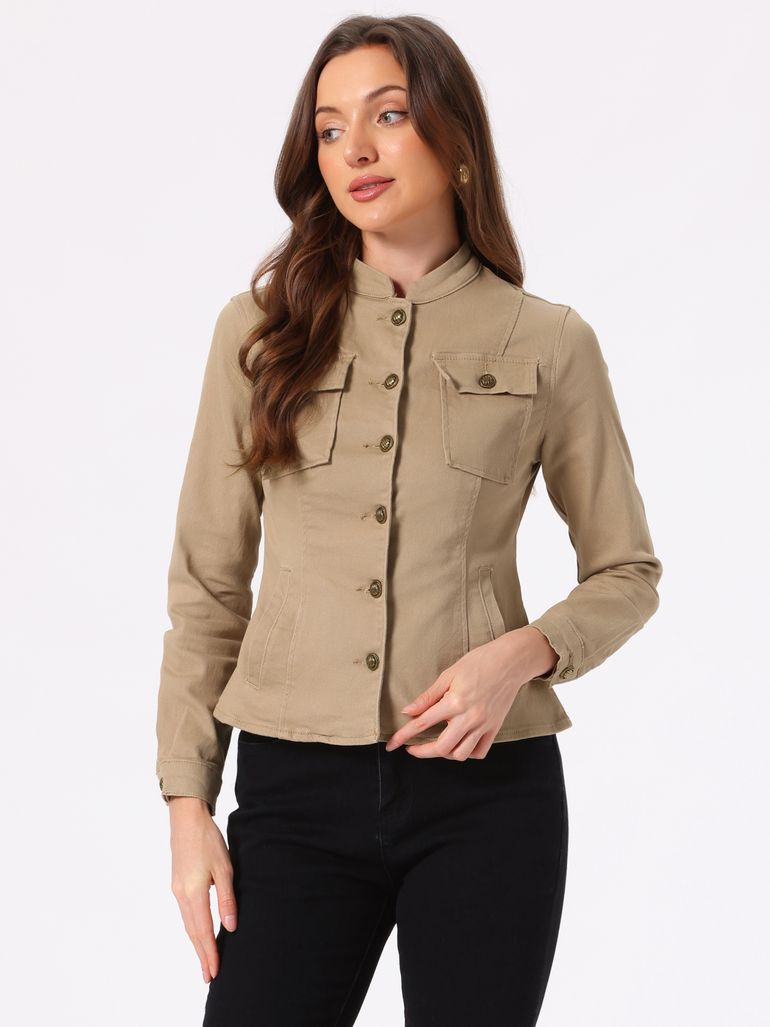 Casual Denim Classic Stand Collar Long Sleeve Jean Jacket Tan/XL