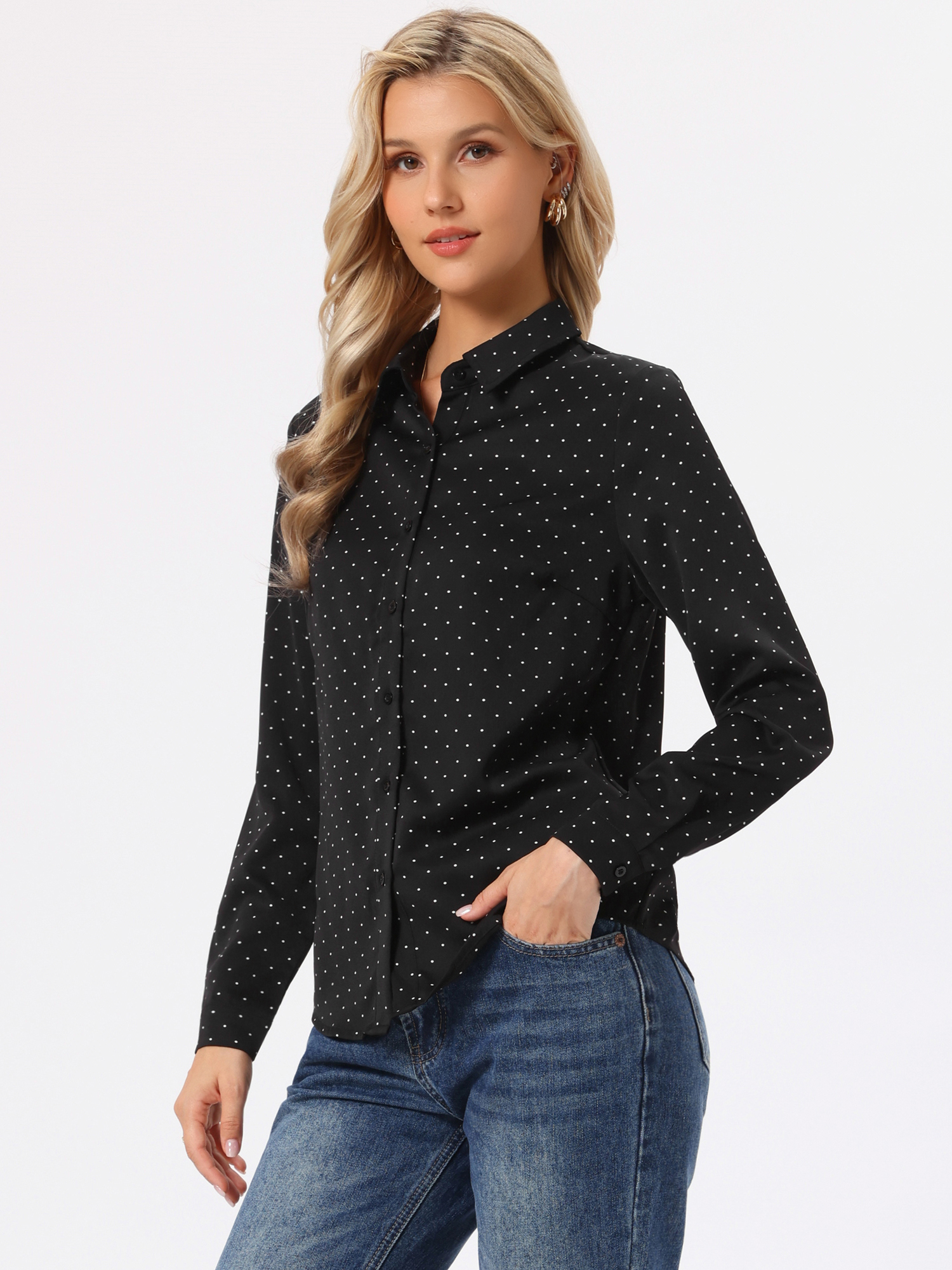 Button Down Floral Shirt Blouse Long Sleeve Point Collar Top Black Dots/L