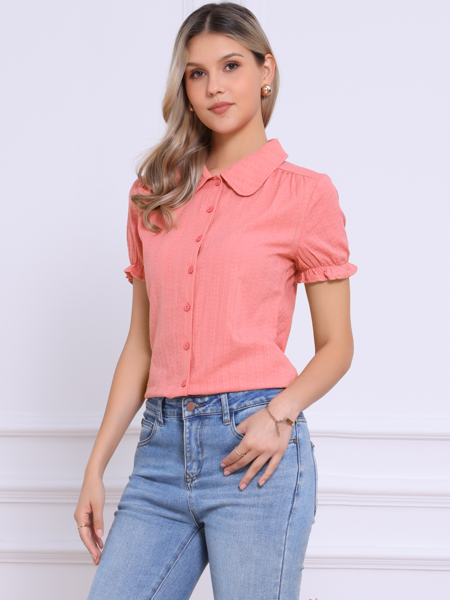 Cotton Frilled Top Turndown Collar Solid Blouse Shirt Orange Pink/L