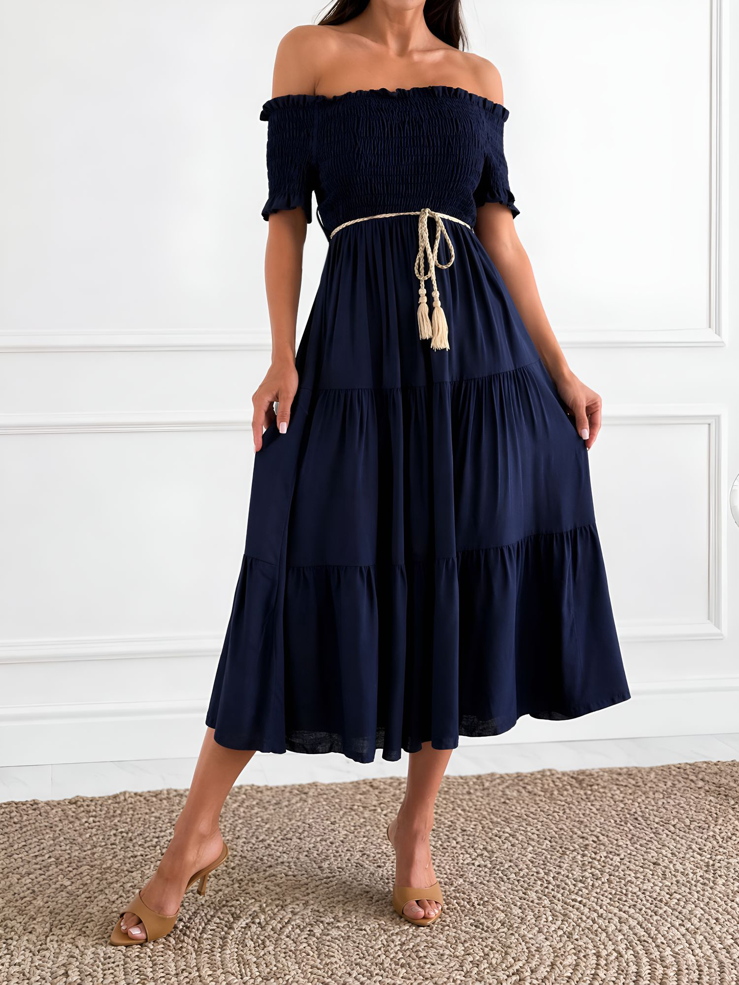Off Shoulder Short Sleeve Smocked Tiered Midi Dress Navy Blue/M