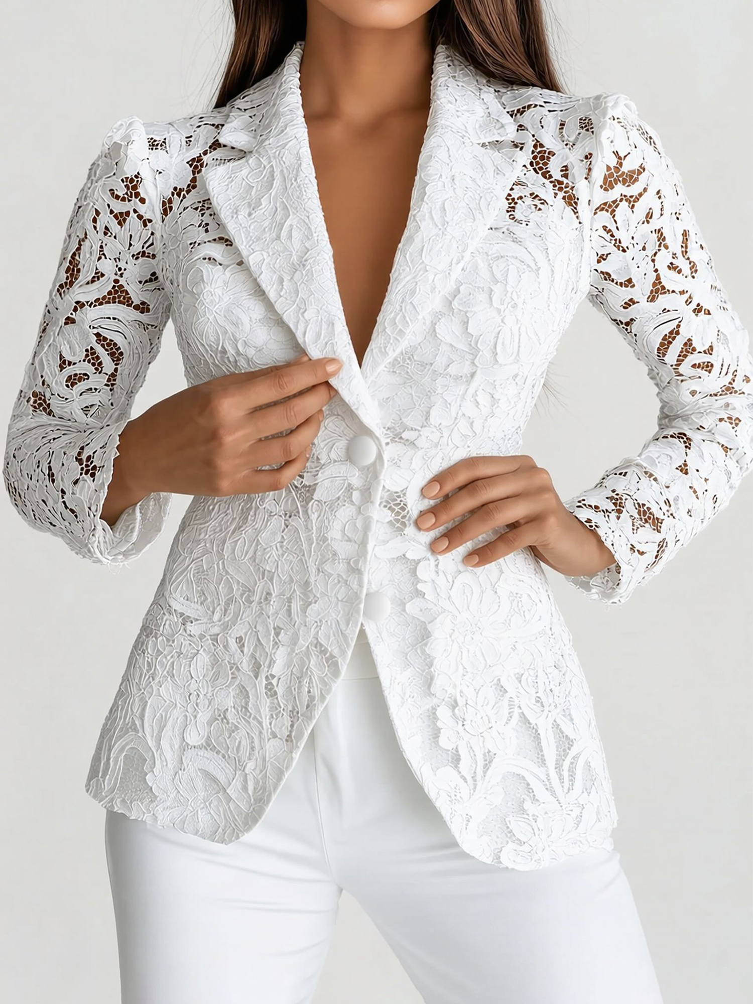 Lace Notch Lapel One Button Sheer Long Sleeves Blazer White/M