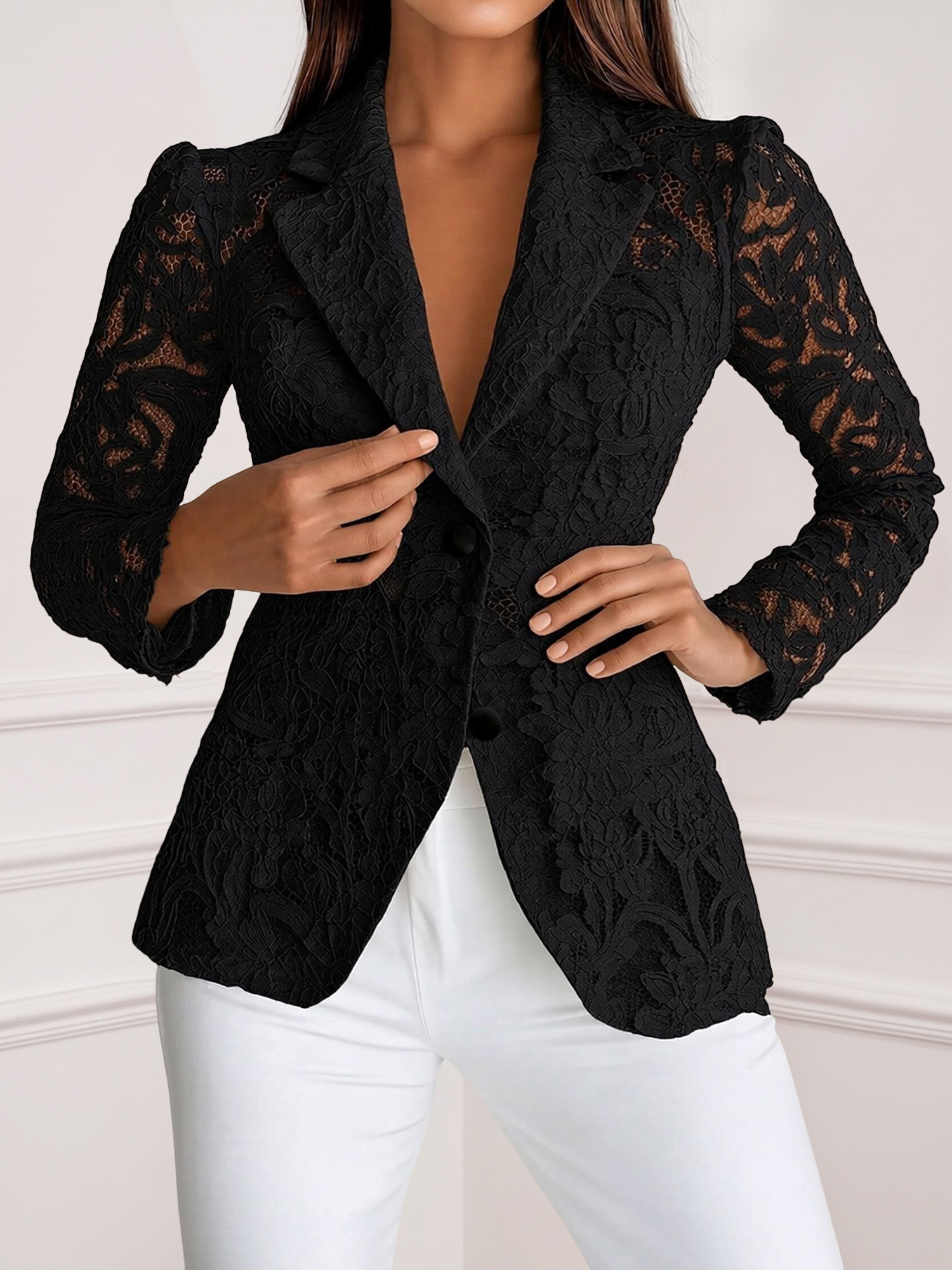 Lace Notch Lapel One Button Sheer Long Sleeves Blazer Black/L